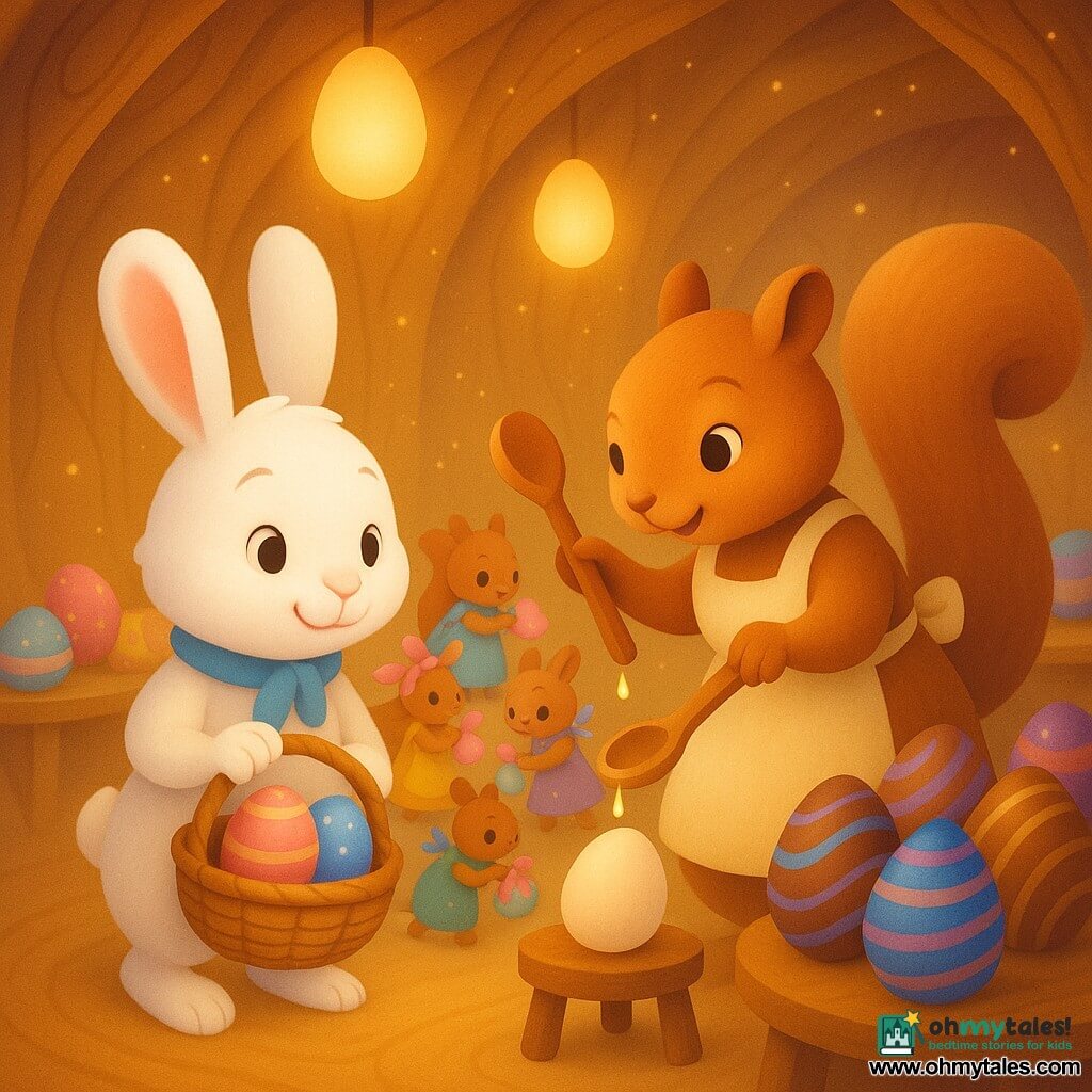 Bramble, a small white rabbit with long floppy ears, looks joyful and focused, wearing a blue scarf and holding a wicker basket of colored eggs; Marnie, a brown squirrel in a cream apron, appears busy but kind, holding a shiny wooden spoon over a pale egg on a stool to Bramble’s right, while tiny squirrels in multicolored aprons bustle behind, decorating eggs with ribbons and sugar; the setting is the magical interior of an old oak trunk with twisting wooden walls, floating egg-shaped lanterns, golden glitter dust in the air, and large tables piled with foil-wrapped chocolate eggs, capturing Bramble patiently as a drop of Sparkle Drizzle falls from the spoon onto an egg in a calm, luminous moment with rounded composition, bright pastel colors, soft textures and subtle shadows.