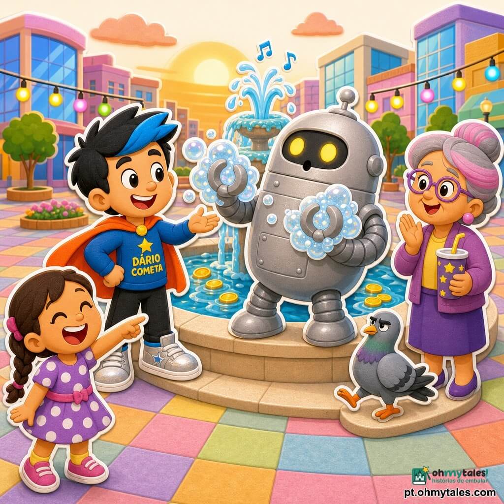 Um homem, Dário Cometa, corajoso e sorridente, cabelo preto com mecha azul vivo, capa curta laranja e tênis prateados, estende a mão e lança grandes bolhas brilhantes ao redor das garras do robô; uma mulher, Dona Lila, vendedora de cerca de 45 anos, cabelo grisáceo-rosa em coque, segura um copo de suco estrelado e aplaude à direita; uma menina de 6 anos corre rindo, de tranças e vestido de bolinhas, aponta do primeiro plano à esquerda; um robô alto e arredondado, metal suave com olhos-luciola amarelos e garras prateadas presas em bolhas macias, mostra expressão surpresa; um pombo cinzento anda no bordo da fonte; a praça tem pavimento de ladrilhos pastel, fonte redonda de pedra com água e moedas douradas, prédios com vitrines e luzes; situação: Dário usa bolhas espumosas estreladas para desarmar o robô que recolhia moedas, ambiente alegre, luz dourada do fim de tarde, visuais limpos e contrastados, formas simples e contornos grossos no estilo autocolantes EVA.