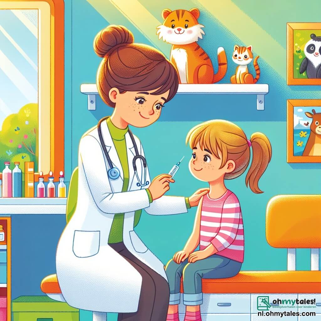 In het midden van de afbeelding zien we dokter Lisa, een glimlachende vrouw van een dertigtal jaren, met bruin haar in een knot. Ze draagt een witte labjas en een stethoscoop om haar nek, terwijl ze vriendelijk kijkt naar een klein meisje, Anna, dat ongeveer 6 jaar oud is. Anna, met blond haar en sproeten, zit op een stoel, een beetje nerveus, maar glimlachend dankzij de geruststellende aanwezigheid van dokter Lisa. Op de achtergrond zien we een lichte en kleurrijke spreekkamer, met posters van dieren tekeningen en speelgoed verspreid op een plank. Een raam laat zonlicht binnen, waardoor de kamer een warme en uitnodigende sfeer heeft. De belangrijkste situatie toont dokter Lisa die een injectie toedient aan Anna, die de scène met nieuwsgierigheid bekijkt. Dokter Lisa's gezicht straalt zachtheid en vastberadenheid uit, terwijl Anna, hoewel licht angstig, zich veilig voelt dankzij de troostende houding van de arts.