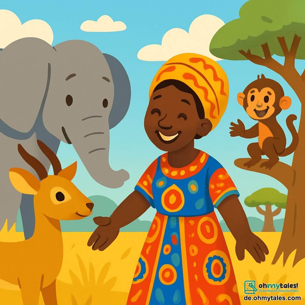 Aja, eine afrikanische Frau mit einem warmen Lächeln und weisem Blick, steht im Mittelpunkt der Szene. Sie trägt ein buntes Kleid mit traditionellen Mustern, und ihr Gesicht strahlt Freundlichkeit aus. Sie reicht den Tieren die Hand, mit einem sanften und ermutigenden Ausdruck. Zu ihrer Rechten beugt sich ein majestätischer Elefant mit großen Ohren und grauer Haut leicht zu Aja und zeigt seine Unterstützung. Zu ihrer Linken schaut eine zarte Antilope mit glänzenden Augen und goldenem Fell neugierig und hoffnungsvoll zu Aja. Etwas weiter klettert ein schelmischer kleiner Affe mit braunem Fell und schelmischen Augen auf einen Ast und ist bereit, alle zum Lachen zu bringen. Die Szene spielt in einer sonnigen Savanne, mit goldenen Gräsern, die im Wind wehen. Im Hintergrund stehen große Baobabs, und der Himmel ist strahlend blau mit flauschigen weißen Wolken. Aja und die Tiere sind im Kreis versammelt und diskutieren fröhlich, um die Harmonie in der Savanne wiederherzustellen, ihre Gesichter vom Sonnenlicht erleuchtet, was Freundschaft und wiedergefundene Frieden symbolisiert.