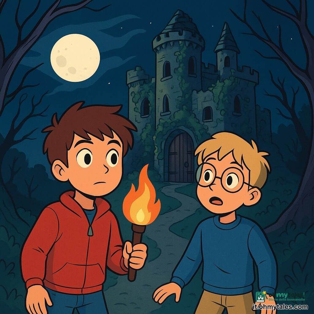 Ci sono 2 personaggi principali: Leo, un ragazzo di 10 anni con capelli castani disordinati, che indossa una giacca rossa e jeans, tiene una torcia accesa nella mano destra e guarda con curiosità verso il vecchio castello; e Mattia, un ragazzo di 10 anni con capelli biondi e occhiali rotondi, che indossa un maglione blu e pantaloni corti, si tiene un po' indietro, osservando il castello con un misto di paura ed eccitazione. La scena si svolge in un antico castello in rovina, situato in cima a una collina, con muri coperti di edera verde e muschio, finestre rotte che lasciano passare ombre inquietanti. La luna illumina debolmente il sentiero tortuoso verso l'ingresso, circondato da alberi contorti le cui branche sembrano allungarsi come braccia spettrali. Leo e Mattia sono davanti al grande portone di legno del castello, i loro volti illuminati dalla luce tremolante della torcia, esitano ad entrare, ascoltando i suoni misteriosi provenienti dall'interno, mentre il vento soffia dolcemente, facendo tremare le foglie intorno a loro.