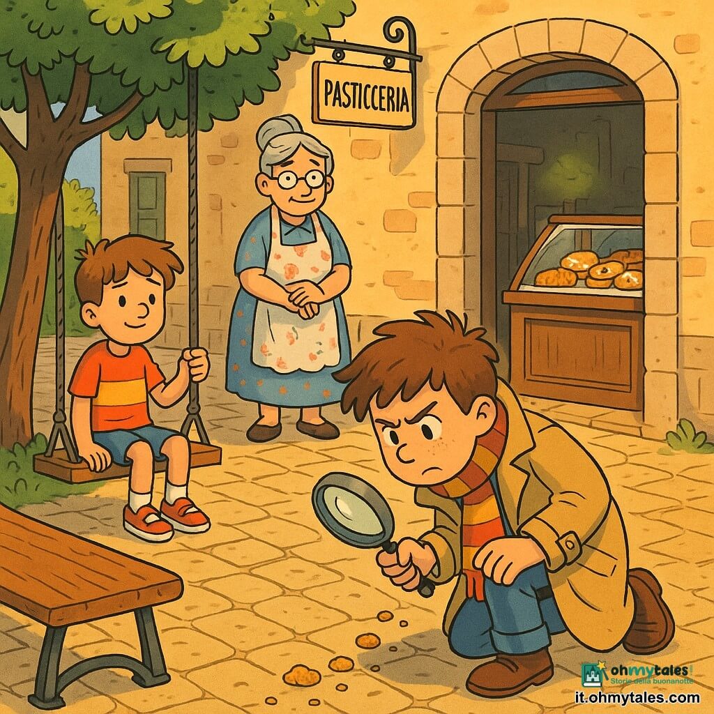 Protagonista: Marco, detective di circa 12 anni, volto curioso e concentrato, capelli castani arruffati, trench beige troppo grande, sciarpa a righe, lente in mano; è inginocchiato a seguire una scia di briciole con espressione determinata e sopracciglia aggrottate. Personaggio secondario: Luca, 11 anni, capelli castano chiaro, maglietta colorata, seduto su un'altalena a destra, sorriso timido, guarda la pasticceria. Personaggio secondario: Nonna Rosa, circa 70 anni, capelli grigi raccolti, grembiule a fiori, alla porta della pasticceria con mani giunte e sguardo accogliente. Luogo: piccola piazza di paese al tardo pomeriggio, selciato antico, panchina verniciata, alberi verdi, davanti a una pasticceria con banco in legno, vetrina di dolci e insegna in ferro “Pasticceria”. Situazione: la scia di briciole va dalla soglia socchiusa della pasticceria al parco; atmosfera calda, colori saturi, tratti netti e contorni neri in stile fumetto europeo. Dettagli grafici: texture visibili (legno, selciato, glassa lucida), ombre morbide, prospettiva leggermente dall'alto per mostrare la scia e i personaggi allineati.