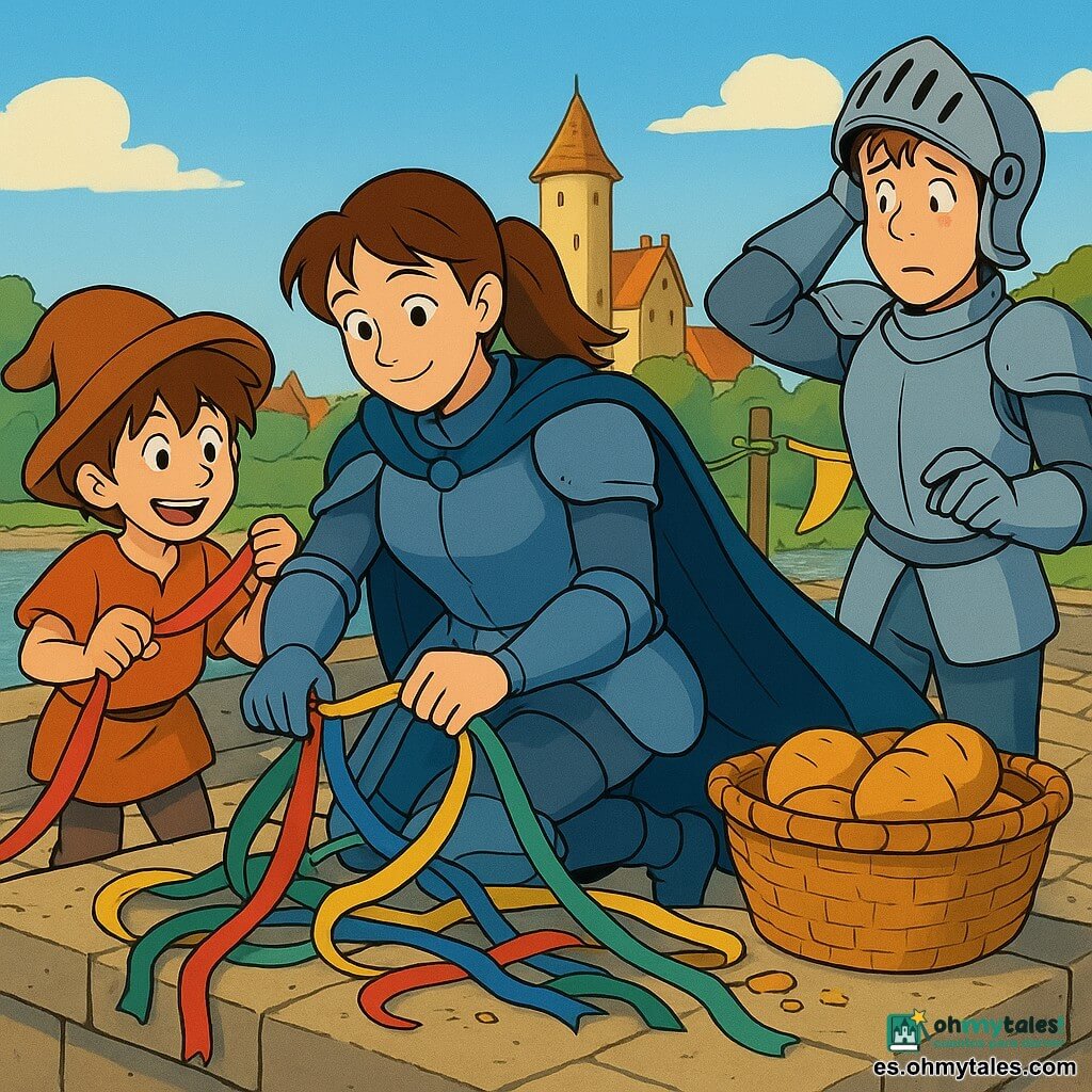 Una caballera de rostro dulce y decidido, ligera sonrisa, pelo castaño recogido en cola, armadura mate con reflejos azules y gran capa azul noche ondeando, arrodillada en un puente de piedra mientras deshace un gran nudo de banderolas con una pequeña cuña de madera en la mano derecha; junto a ella una cesta con panes calientes. Un niño (Tomás, ~10 años), pelo alborotado y un gran gorro que le cae en la oreja, excitado y concentrado, sujeta un extremo rojo de la banderola a su izquierda. Un joven guardia (~17 años), casco levantado y rostro sonrojado de vergüenza, está de pie a la derecha, mirando una caja vacía y rascándose la cabeza. El puente, ancho y empedrado, tiene postes de madera con banderolas amarillas, verdes, azules y blancas enredadas; debajo corre un río de reflejos plateados y al fondo se ven tejas rojas y una torre de castillo bañada por el sol. Escena principal: momento tranquilo y optimista con viento leve, migas de pan sobre una piedra, colores vivos, composición centrada y luz suave de tarde en un estilo de dibujo animado de los años 90 con líneas claras, colores saturados y contornos negros.