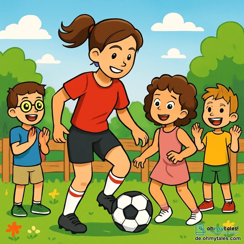 Eine junge Frau, Lara, mit einem lächelnden und entschlossenen Gesicht trägt ein rotes Fußballtrikot und schwarze Shorts. Sie dribbelt geschickt einen Fußball, ihre braunen Haare zu einem Pferdeschwanz gebunden, der im Wind weht. Neben ihr applaudiert eine Gruppe von Kindern, darunter ein 10-jähriger Junge mit Brille und einem blauen T-Shirt, begeistert und ermutigt sie. Ein 9-jähriges Mädchen mit lockigem Haar in einem rosa Sportkleid versucht, Laras Dribbelbewegung nachzuahmen, mit bewundernden leuchtenden Augen. Die Szene spielt auf einem kleinen, grünen Fußballfeld, umgeben von Holzbarrieren und bunten Blumen, unter einem strahlend blauen Himmel mit einigen weißen Wolken. Im Hintergrund verleihen grüne Bäume der fröhlichen Atmosphäre einen Hauch von Natur. Lara zeigt den Kindern, wie man den Ball dribbelt, und die Aufregung ist spürbar, während sie lachen und sich gegenseitig anfeuern, was eine Atmosphäre von Kameradschaft und Freude schafft.
