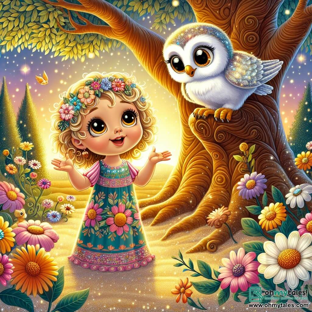 A 4-year-old girl named Lily stands at the center of the scene, with big curious eyes and curly golden-blonde hair. She wears a colorful floral dress and has a delighted smile, arms wide open as if welcoming the magic of the world. Next to her, a wise owl with silver feathers perches on a branch, observing with bright, kind eyes, ready to share its knowledge. In the background, a majestic tree with shimmering leaves stands surrounded by colorful flowers that seem to whisper secrets. The ground is covered in soft, golden sand, illuminated by the warm light of the setting sun, creating a cozy and magical atmosphere. The main scene shows Lily listening intently to the owl, which tells her stories of wisdom and love, while the flowers around them gently sway in the breeze, adding a touch of magic to this precious moment.