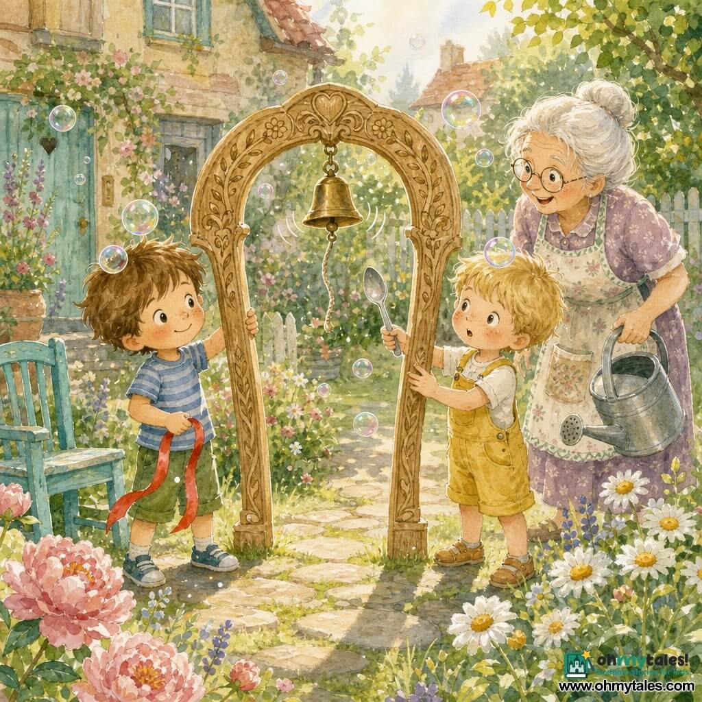 Three characters: Milo, nearly four, tousled brown hair, round cheeks, wearing a blue-striped T-shirt and green shorts, holding a red ribbon at the left of a small carved wooden arch and smiling; Ben, nearly four, short blond hair and freckles, in yellow overalls, holding a shiny plastic spoon like a sword at the right of the arch with a look of wonder; and Grand‑ma Dot, an elderly grandmother with white hair in a bun, round glasses and a pocketed apron, standing slightly right behind the arch with a metal watering can, smiling and attentive. Setting: a small village garden with brown earth and green grass, colorful flower beds, a flat-stone path and a turquoise wooden chair, late-morning soft light and long shadows. Main scene: a slightly tilted wooden arch beginning to straighten with a brass bell that tinkles, translucent soap bubbles drifting around and landing on the children's heads; Milo and Ben steady the arch together with calm gestures while Grand‑ma Dot encourages them, creating a warm, playful, whimsical atmosphere.