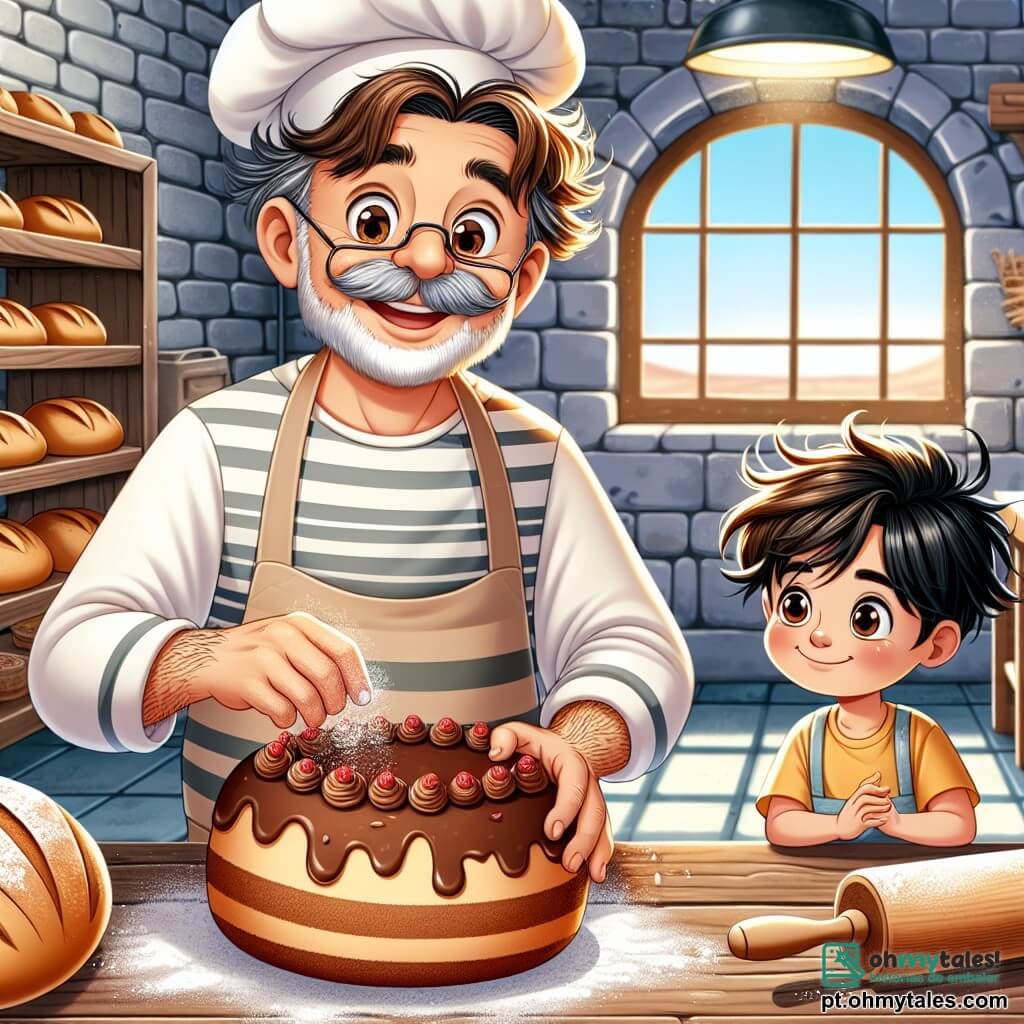 Um homem, o Sr. Joaquim, está no centro da imagem, sorrindo com olhos brilhantes de alegria. Ele tem cabelos castanhos levemente desgrenhados, um avental branco manchado de farinha e mãos cheias de massa de pão. Ele está decorando um lindo bolo de chocolate, com camadas de frutas vermelhas, em uma mesa de madeira na sua padaria. Ao lado dele, um garoto de 8 anos chamado Pedro, com cabelos pretos bagunçados e olhos curiosos, observa atentamente. Ele usa uma camiseta amarela e calças azuis, segurando um pequeno rolo de massa, pronto para ajudar o padeiro. A padaria, "A Casa do Pão", é acolhedora, com paredes de tijolos, prateleiras cheias de pães dourados e doces coloridos, e uma grande janela que deixa entrar a luz do sol. A cena mostra o Sr. Joaquim e Pedro criando juntos, cercados por uma nuvem de farinha, rindo e compartilhando momentos de cumplicidade, ilustrando a magia da padaria e a amizade que os une.
