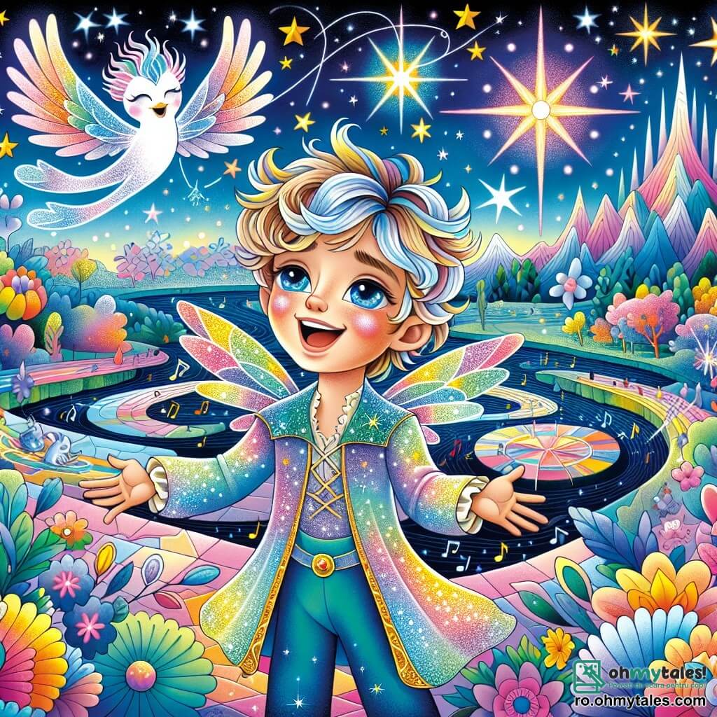 Într-un univers colorat și fantastic, un băiat pe nume Radu, în vârstă de aproximativ 10 ani, stă în centrul imaginii. Are ochi strălucitori ca stelele și părul zbârlit de culoare albastru deschis, purtând o tunică din țesătură sclipitoare care reflectă culorile spațiului. Fața lui exprimă bucurie și uimire în timp ce cântă cu entuziasm, înconjurat de creaturi magice. Lângă el, Steaua Zburătoare, o splendidă creatură luminoasă cu aripi de cristal, plutește grațios în aer, având o apariție etereală cu culori pastelate care strălucesc la lumina stelelor. În fundal, scena se desfășoară pe planeta Zâmbetului, unde dealuri de flori multicolore se unduiesc sub un cer înstelat. Râuri de ciocolată șerpuiesc prin peisaj, iar copacii cu frunze în formă de inimi dansează pe ritmul muzicii. Creaturi fantastice, precum păsări cu pene de bumbac, zboară vesel în jurul lor. Situația principală arată cum Radu și Steaua Zburătoare pregătesc un mare festival al râsetelor, cu note muzicale plutind în aer, în timp ce străluciri de lumină și culori vii luminează scena, simbolizând magia și bucuria aventurii lor.