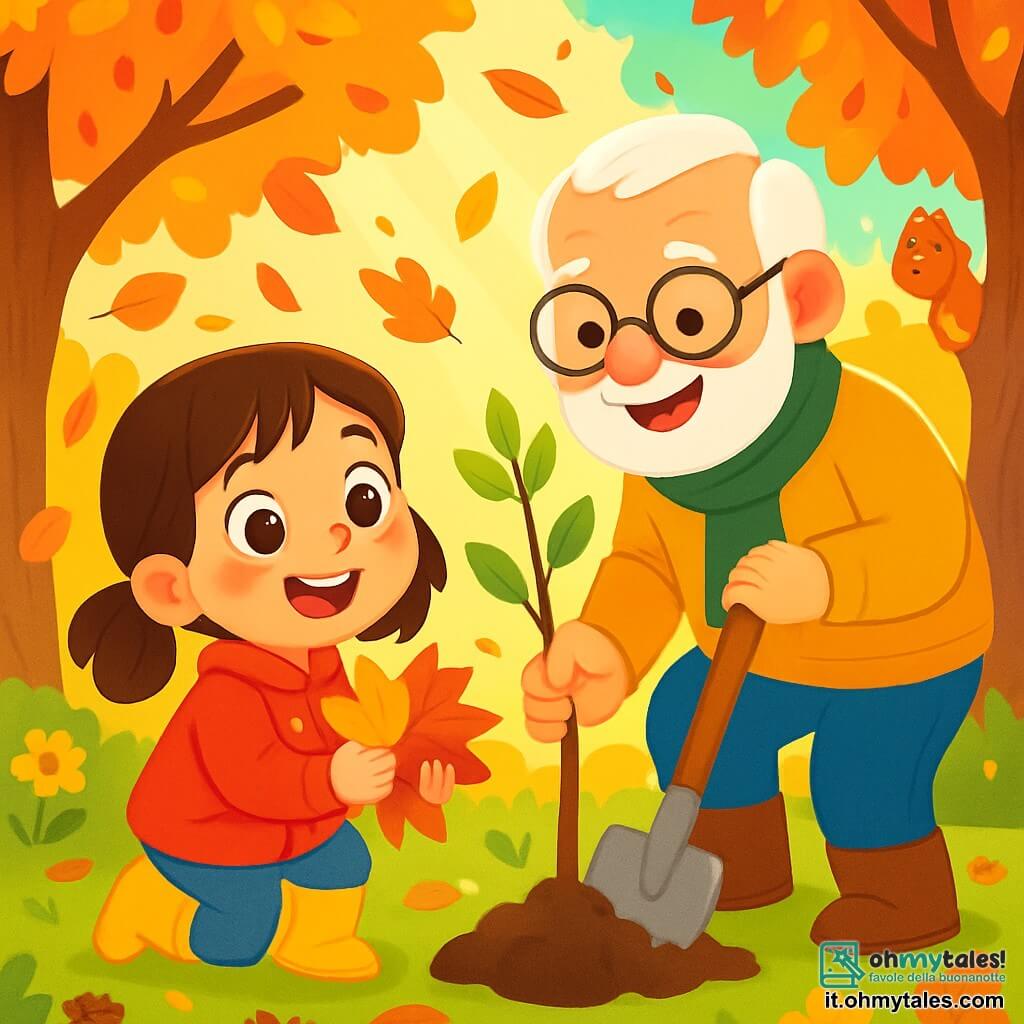 Una bambina di 6 anni, Sofia, con grandi occhi curiosi e capelli castani lucenti, sorride felice mentre raccoglie foglie autunnali colorate. Indossa una bella giacca rossa e stivali gialli, e il suo viso irradia meraviglia. Accanto a lei, il nonno, un uomo anziano con barba bianca e occhiali, pianta un giovane albero, sorridendo orgogliosamente mentre le mostra come fare. Il giardino è pieno di foglie rosse, gialle e arancioni che cadono dagli alberi, creando un tappeto colorato sul terreno. I raggi di sole filtrano tra i rami, illuminando la scena con una luce dorata. Sofia è circondata da fiori appassiti e piccoli animali, come uno scoiattolo che osserva curiosamente da un tronco d'albero. La scena principale mostra Sofia e il nonno che lavorano insieme nel giardino, godendo della bellezza dell'autunno mentre condividono un momento tenero e gioioso.
