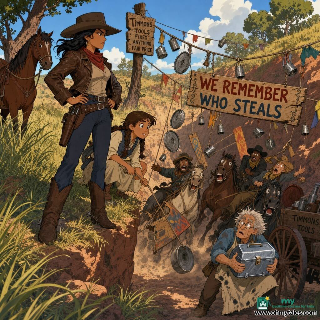 A confident, focused cowgirl with a determined look, wearing a dented felt hat, brown leather jacket, red scarf, dusty boots and a revolver holster, stands hands on hips on a sandy ridge above a gulch; a ~12-year-old girl with brown braids and wide eyes, in a simple dress and vest, crouches beside her holding a rope down the ravine, proud but nervous; Mr. Timmons, a small ~60-year-old man with messy gray hair, round glasses and an oil-stained apron, stands near a wagon below clutching a small box of shiny tools; a bay horse named Juniper with alert ears is tied to a tree behind the woman; the narrow, sandy gulch between grassy banks has tall grass, a few green-leafed cottonwoods, reddish rocks and an old wooden sign; the main scene shows an ingenious ambush — colorful banners, clanging tin bells, rolling barrel lids, painted boards reading WE REMEMBER WHO STEALS suspended — while four bandits on panicked horses are trapped at the bottom; warm contrasted colors, crisp lines and exaggerated 90s cartoon expressions, dynamic diagonal composition, dust and fabrics blowing in the breeze.