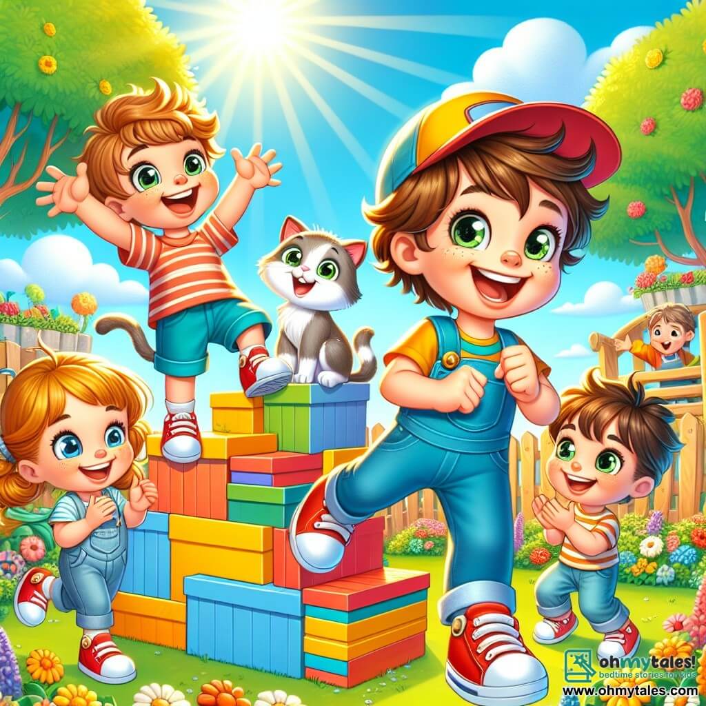A 6-year-old boy named Ben, with messy brown hair and sparkling curious eyes, wears an oversized cap and red sneakers. He is laughing heartily with his arms raised in front of a tower of colorful boxes he built. Next to him, a 6-year-old girl, Lily, with golden pigtails and a bright smile, joyfully claps, while a 6-year-old boy, Max, with chestnut hair and boundless energy, jumps in the air, ready to join the adventure. The scene takes place in a sunny garden filled with colorful flowers and lush trees, with a wooden fence in the background. The sky is bright blue, dotted with fluffy white clouds. In this main scenario, Ben, Lily, and Max are on a detective mission, helping Mr. Whiskers, the neighbor's cat, become a superhero by jumping from one box to another, all while laughing and having fun together.