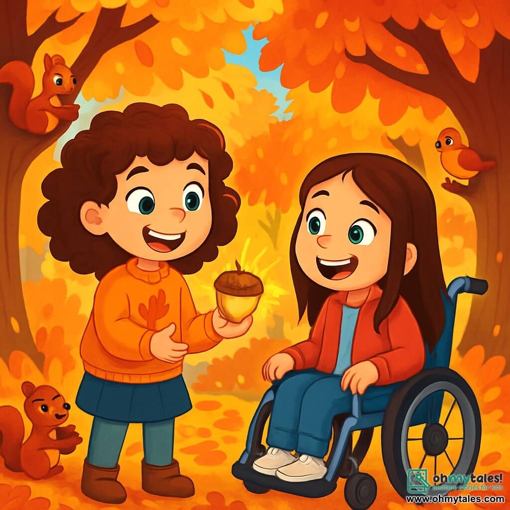 There are two main characters: - Lily: an 8-year-old girl with sparkling blue eyes and curly brown hair. She is cheerful and wears an orange sweater with a leaf pattern. She stands on the left, smiling, holding a golden acorn. - Emma: an 8-year-old girl with bright green eyes and long straight hair. She is sitting in her wheelchair, dressed in a red jacket and jeans. She looks at Lily with a big smile, full of enthusiasm. The main setting is a magical clearing in the heart of an enchanted forest. Majestic trees with golden, red, and orange leaves form a circle around them. The ground is covered with a thick carpet of colorful leaves, and sunlight filters through the branches, creating dancing shadows on the ground. The main situation of the story shows Lily and Emma discovering a sparkling golden acorn among the leaves. They are amazed and laugh together, surrounded by the vibrant beauty of autumn, while curious animals like squirrels and birds watch them with interest.