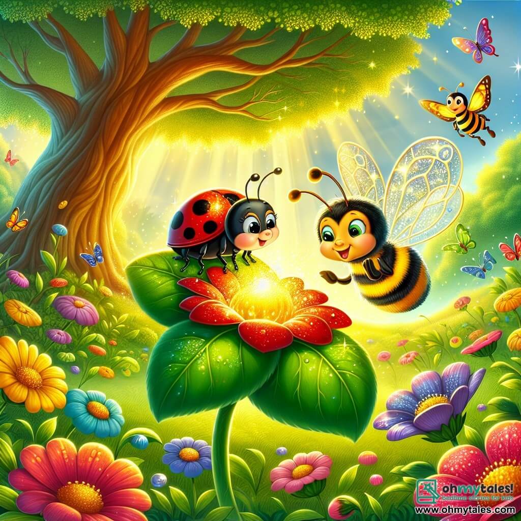 An illustration depicts a small ladybug with bright red wings dotted with black spots, perched on a shiny green leaf. It has large, sparkling eyes of curiosity and a joyful smile as it marvels at a golden glimmer at the center of a large blooming flower. Nearby, a bumblebee with yellow and black striped fur and translucent wings joyfully flies around the ladybug, its eyes shining with excitement. The setting is an enchanted clearing bathed in golden light, where multicolored flowers dance in the breeze and dew drops sparkle like diamonds on the leaves. The main scene shows the ladybug and bumblebee discovering a hidden treasure at the heart of the flower, symbolizing friendship and adventure. Colorful butterflies flutter around them, adding a touch of magic to the scene, while a majestic old oak stands in the background, its branches extended like protective arms.