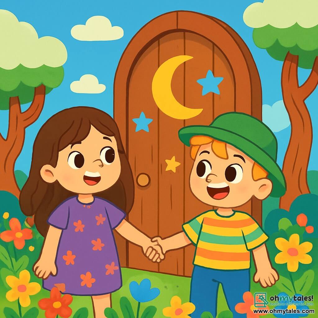 There are two main characters: - Lily: a 6-year-old girl with long brown hair and sparkling eyes. She wears a pretty purple dress with flower patterns and stands on the left, curiously looking at the wooden door. - Sam: a 6-year-old boy with messy blonde hair and a big smile. He wears a green hat and a striped t-shirt, standing to the right of Lily, holding her hand and gazing at the door in wonder. The main setting is a magical garden filled with colorful flowers dancing in the wind. In the center, a large wooden door adorned with drawings of yellow moons and blue stars slowly opens. Twisted-trunk trees wear cloud hats, and the sky is a bright blue with fluffy white clouds. The main situation shows Lily and Sam, amazed, in front of the magical door. They hold hands, ready to enter a world full of questions and dreams, surrounded by the glow of flowers that seem to whisper secrets to them.