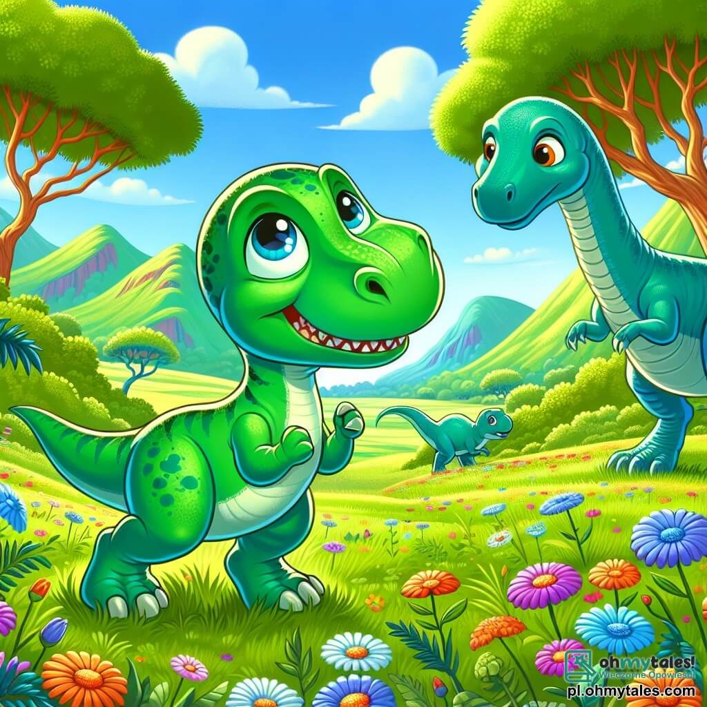 Młody Tyrannosaurus Rex z jaskrawo zieloną skórą i błyszczącymi oczami stoi na rozległej łące. Ma wyraz twarzy jednocześnie podekscytowany i nieco zdenerwowany, jego małe przednie łapy są uniesione, jakby był gotowy do skoku. W pobliżu duży Diplodocus z długą szyją i niebieskawą skórą pochyla się, aby zjeść liście z majestatycznego drzewa, patrząc na Tyrannosaura z życzliwością. Scena rozgrywa się w słonecznej dolinie, otoczonej zielonymi wzgórzami i kolorowymi kwiatami tańczącymi na wietrze. Tyrannosaurus Rex, zaintrygowany dźwiękami natury, przygotowuje się do odkrywania nowego środowiska, gotowy na wielką przygodę.