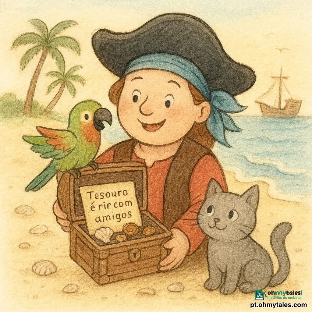 A capitã Rita, mulher adulta sorridente e corajosa, rosto arredondado e olhos brilhantes, com chapéu de pirata largo e grande lenço azul, segura um pequeno baú aberto e mostra o mapa aos amigos; o papagaio Pipo, macho colorido de verde e vermelho, empoleirado no ombro direito, bate as asas; o gato Miau, macho de pelo cinza e olhos redondos, está junto aos pés dela na areia, observando conchas e moedas de chocolate no baú; cenário: ilha de areia dourada com conchas espalhadas, pequenas ondas azuis, alguns coqueiros e um barco de madeira ao fundo; situação: acabaram de abrir o baú na praia, vêem conchas brilhantes, moedas de chocolate e um pequeno mapa legível com as palavras Tesouro é rir com amigos, atmosfera suave e alegre, cores quentes e gestos ternos.