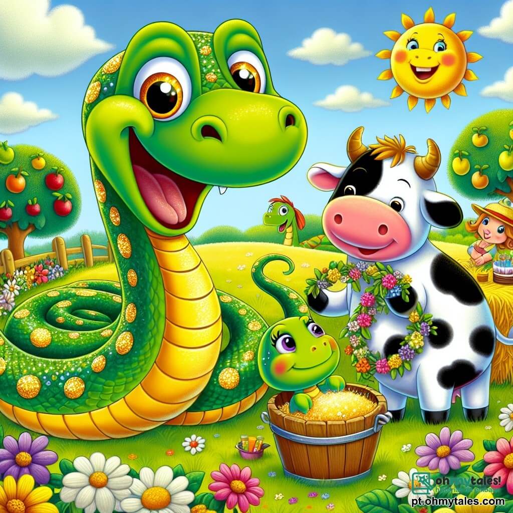 Um serpente chamado Silvestre, com escamas verdes e amarelas brilhantes e olhos cheios de malícia, se move alegremente por um campo ensolarado, cercado de flores coloridas. Ele tem um grande sorriso no rosto, demonstrando seu entusiasmo pela festa que está organizando. Ao seu lado, uma tartaruga chamada Tati, com uma carapaça verde decorada, observa Silvestre com um olhar curioso, segurando uma pequena guirlanda de flores que fez. Mais adiante, uma vaca chamada Margarida, com manchas brancas e pretas, está perto de um grande balde de feno, rindo da situação, enquanto um porquinho chamado Pipo, rosa e gordinho, mistura ingredientes para o bolo em uma grande bacia. O cenário é uma fazenda animada, com campos verdes, um céu azul brilhante e árvores frutíferas ao fundo, criando uma atmosfera alegre e festiva. A cena principal mostra Silvestre, Tati, Margarida e Pipo se preparando para uma grande festa, com balões coloridos flutuando ao seu redor e risadas ecoando no ar.