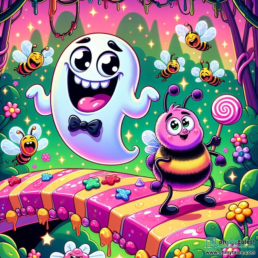 A ghost named Gus, with a translucent body and sparkling mischievous eyes, joyfully floats above a pink candy bridge, laughing heartily. He wears a small black bow tie and has floating arms that dance in the air. Next to him is Bumblebop Bumblewhistle, a funny character with three wobbly knees, messy purple fur, and a spiral nose, standing on the bridge, laughing and trying not to slip on the sticky candy. The candy bridge is surrounded by licorice bushes and singing flowers, while laughing bees fly around them, leaving trails of glitter. In the background, the Twinkle-Tangle forest sparkles with colorful vines and fireflies twinkling like stars. In this scene, Gus and Bumblebop are having fun crossing the bridge while colorful bubbles pop around them, creating a joyful and playful atmosphere.