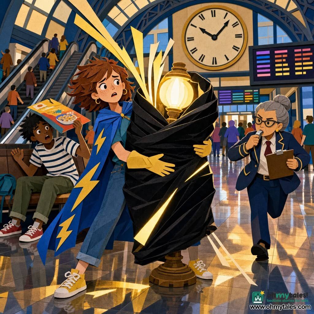 Main girl: Mara, about 20–25, round face with freckles, short messy chestnut hair, worried but determined, wearing a blue cape with yellow lightning, oven mitts, wrapping a huge glowing bulb-like lamp in a black velvet curtain like a burrito so its warm rays fight through the fabric; secondary boy: Niko, about 20–25, messy black hair, striped tee, sitting on a bench in the background with a surprised open mouth, shielding his eyes with a cereal box; secondary girl: Della Pike, station manager about 40–50, small with gray hair in a bun, official jacket and clipboard, stern but relieved, blowing a whistle as she runs in from the right; setting: Gleam Central station with shiny tiled floor, giant round clock, moving escalators, colorful electronic signs and stylized crowd silhouettes; visual: centered dynamic composition, bold colors, sharp cutout shapes and layered paper-like shadows, stark yellow-white lamp rays creating strong highlights and reflections.