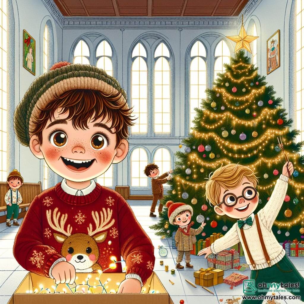 In the center of the image, a 9-year-old boy named Oliver, with messy brown hair and sparkling joyful eyes, is smiling widely while holding a box of Christmas decorations. He is wearing a red sweater with a reindeer pattern and a wool hat, his cheeks flushed with excitement. Next to him, Ella, a 10-year-old girl with curly brown hair and freckles, is laughing as she holds out a sparkling garland, her eyes shining with happiness. A little further away, Sam, an 11-year-old boy with glasses and blond hair, is adjusting a golden star on top of a large decorated Christmas tree, displaying a focused yet joyful expression. The setting is a warm large room in the orphanage, with white-painted walls and colorful drawings hanging up. A big Christmas tree, illuminated with garlands and colorful ornaments, stands proudly in one corner, while snowflakes gently fall outside through the windows. The scene captures the excitement of Oliver's team as they prepare for a Christmas party, filled with laughter and joy, as they decorate the room together, ready to share their Christmas spirit with the residents of a nearby home.