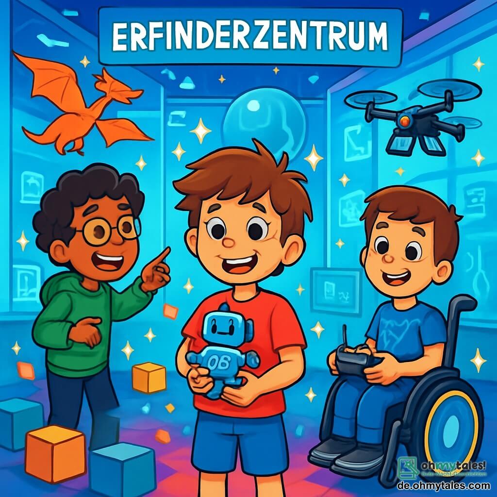 Es gibt drei Charaktere: - Lukas: ein 10-jähriger Junge mit zerzausten kastanienbraunen Haaren und funkelnden Augen. Er trägt ein rotes T-Shirt mit einem Roboterlogo und eine blaue Shorts. Er steht in der Mitte, lächelnd, und hält einen kleinen Roboter in seinen Händen. - Samir: ein 10-jähriger Junge mit lockigem Haar und runden Brillen. Er trägt einen grünen Kapuzenpullover und schwarze Hosen. Er steht leicht hinten links, lacht und zeigt auf einen fliegenden Papierdrachen. - Ben: ein 10-jähriger Junge, der in einem futuristischen Rollstuhl mit leuchtenden Rädern sitzt. Er hat braune Haare und trägt ein blaues T-Shirt mit Schaltkreis-Mustern. Er steht rechts, lächelt und hält eine Fernbedienung für eine Drohne, die über die Szene schwebt. Der Ort ist das Labor des ErfinderZentrums, ein futuristischer Raum voller lebendiger Farben und funkelnder Lichter. Die Wände sind aus transparentem Glas, durch das tanzende Hologramme und seltsame Maschinen zu sehen sind. Schwebende Bildschirme zeigen Bilder von Robotern und Erfindungen, während eine große silberne Kugel im Zentrum thront, umgeben von glänzenden Gadgets. Die Hauptsituation zeigt die drei Freunde, die ein Augmented-Reality-Headset testen. Sie sind in eine imaginäre Welt voller bunter Würfel und freundlicher Roboter eingetaucht. Lichtblitze sprühen um sie herum, während sie lachen und sich gegenseitig helfen, Rätsel zu lösen.