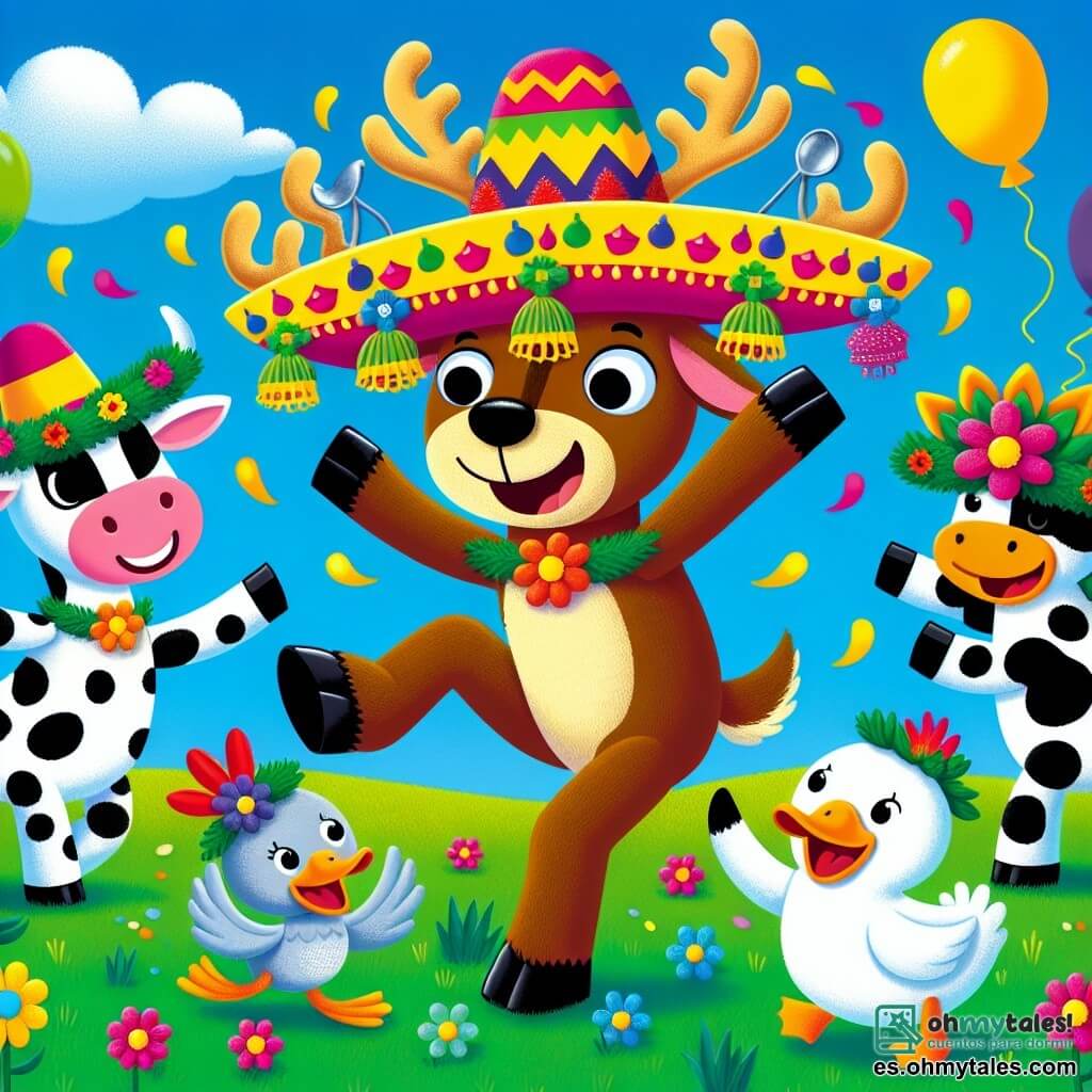 Un reno alegre, con pelaje marrón y cuernos adornados con guirnaldas de colores, baila con entusiasmo, con una gran sonrisa en su rostro, bajo un cielo azul brillante. A su lado, una vaca blanca con manchas negras, que lleva un sombrero de flores, aplaude riendo, mientras un pato de plumas amarillas y verdes, con un sombrero de plumas coloridas, hace piruetas. En el fondo, un prado verde está salpicado de flores multicolores y globos flotantes, creando un ambiente festivo. En el centro de la escena, el reno muestra orgullosamente su sombrero loco hecho de botones, cucharas y una campanilla, mientras todos los animales se divierten juntos, celebrando el concurso de sombreros.