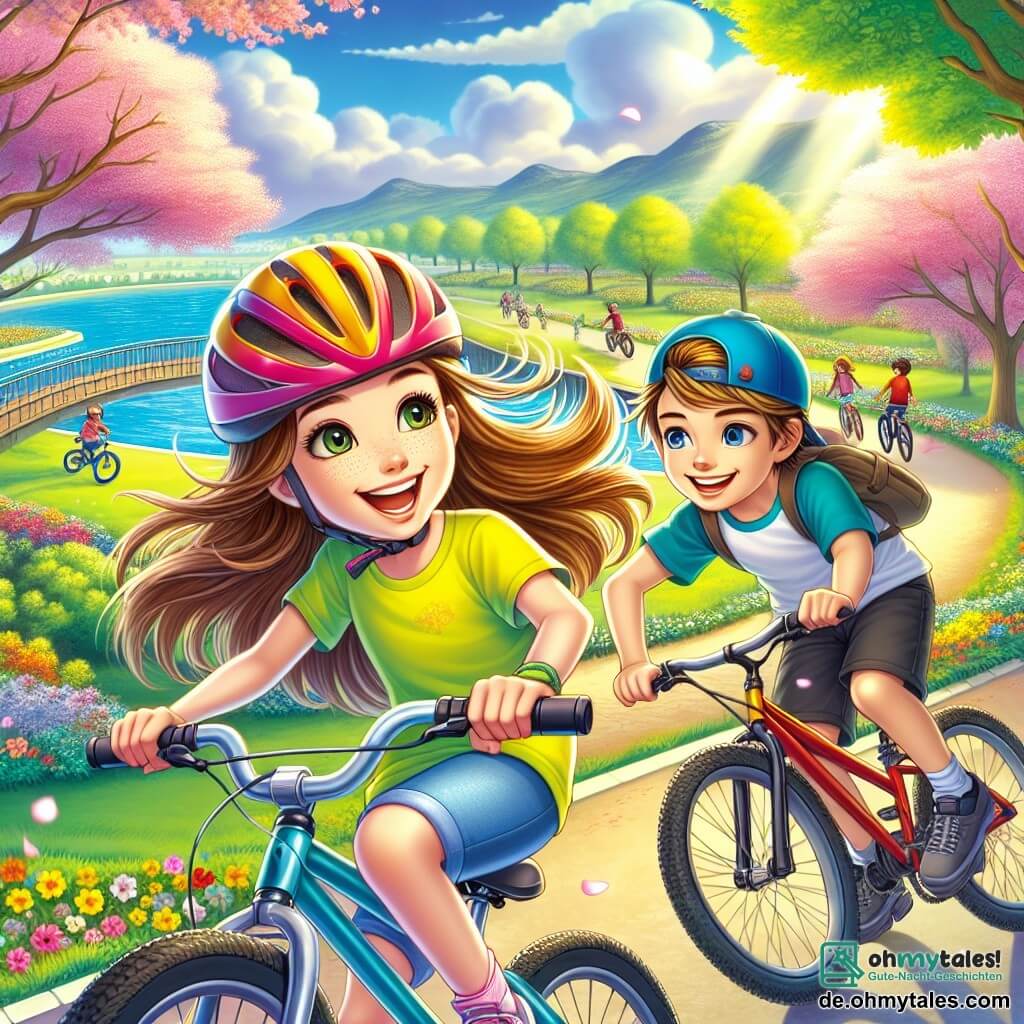 Ein 12-jähriges Mädchen namens Emilia steht im Mittelpunkt des Bildes, mit langen braunen Haaren, die im Wind wehen. Sie trägt einen bunten Fahrradhelm und ein leuchtend gelbes T-Shirt und zeigt ein großes, aufgeregtes Lächeln, während sie energisch auf ihrem Fahrrad fährt. Neben ihr schaut Leo, ein 12-jähriger Junge mit kurzen blonden Haaren, sie mit einem verschwörerischen Lächeln an, trägt ein blaues T-Shirt und eine schwarze Shorts und passt seinen eigenen Helm an. Die Szenerie ist ein wunderschöner Frühlingspark mit blühenden Bäumen in leuchtenden Farben, gewundenen Wegen, die mit bunten Blumen gesäumt sind, und einem blauen Himmel mit fluffigen weißen Wolken. Im Hintergrund fahren andere Kinder Fahrrad, was eine fröhliche und dynamische Atmosphäre schafft. Die Hauptsituation zeigt Emilia und Leo im Wettlauf, lachend und sich gegenseitig anfeuernd, während sie eine enge Kurve nehmen, was ihren Teamgeist und den Spaß am gemeinsamen Radfahren verdeutlicht.