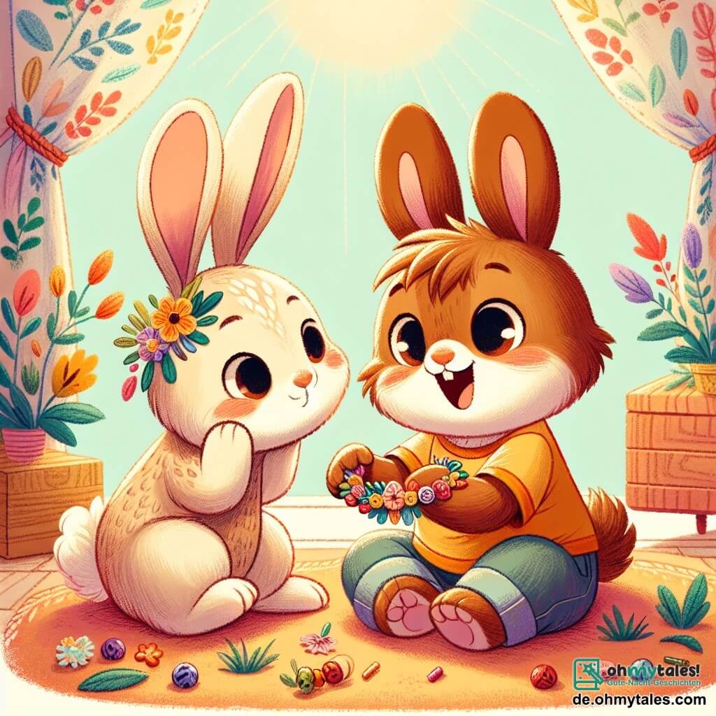 Ein kleiner Hase namens Felix, mit weichem braunem Fell, großen Ohren und funkelnden Augen, sitzt auf dem Boden und hält stolz ein Armband aus bunten Blumen und Blättern. Er lächelt begeistert, seine Wangen sind vor Aufregung gerötet, um seiner Mama eine Freude zu machen. Neben ihm sitzt seine Mama, eine hübsche Häsin mit sanften Augen und cremigem Fell, die ihren Sohn mit einer Mischung aus Staunen und Liebe ansieht. Sie sitzt auf einem weichen Kissen, die Arme weit geöffnet, bereit, ihren Kleinen in eine warme Umarmung zu nehmen. Die Szene spielt sich in einem hellen, einladenden Raum ab, mit Sonnenstrahlen, die durch ein Fenster mit blumigen Vorhängen scheinen. Holzspielzeug und bunte Bücher sind um sie herum verstreut und schaffen eine fröhliche, familiäre Atmosphäre. Felix, ganz aufgeregt, überreicht seiner Mama das Armband zum Muttertag, ein Moment voller Liebe und Zärtlichkeit, in dem die Magie von Kreativität und familiären Bindungen aufeinandertreffen.