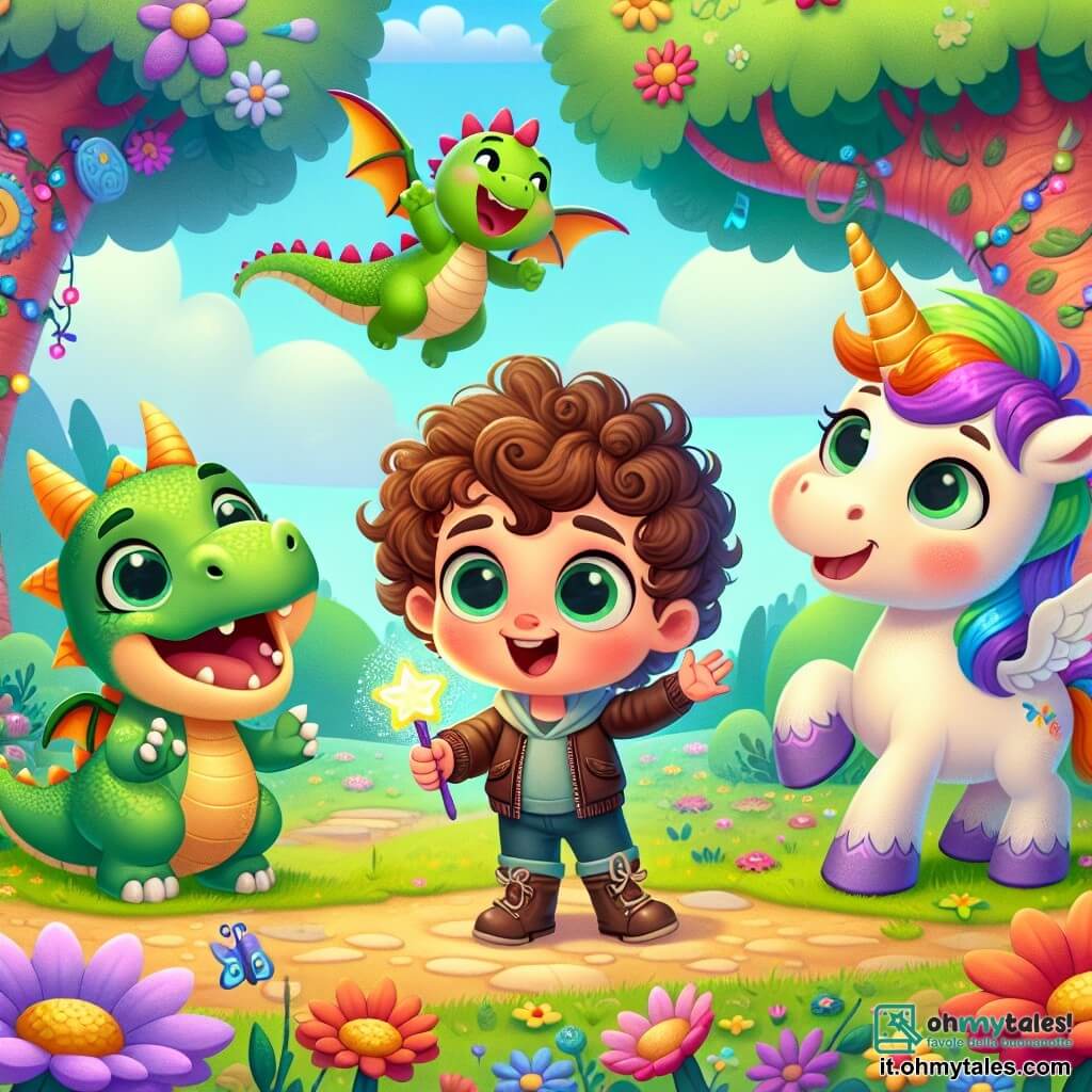 Un bambino di 2 anni, Leo, con capelli ricci e occhi scintillanti, si trova al centro dell'immagine, tenendo una piccola bacchetta magica e sorridendo. Alla sua destra, un drago di nome Gianni, un piccolo drago verde con squame brillanti e ali colorate, ride fluttuando nell'aria. A sinistra, una bella unicorno di nome Tina, con una criniera arcobaleno, è pronta ad aiutare. La scena si svolge in una radura incantata, circondata da alberi dai tronchi colorati e fiori giganti. Al centro, un gelato gigante attira l'attenzione. Leo cerca di sistemare il suo gelato malefico, ridendo e agitando la sua bacchetta, mentre Gianni e Tina si preparano ad aiutarlo, creando un'atmosfera gioiosa e magica.