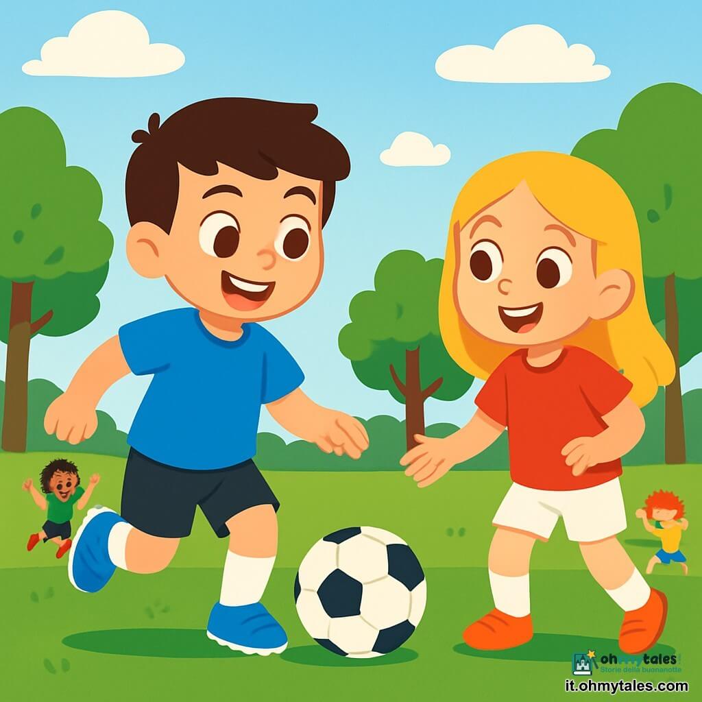 Un giovane di nome Marco, di circa 10 anni, con capelli castani e occhi brillanti di gioia, sta dribblando un pallone da calcio su un campo verde. Indossa una maglietta blu vivace e pantaloni neri, e il suo viso esprime eccitazione e determinazione. Accanto a lui, una ragazza di nome Maria, anch'essa di 10 anni, con lunghi capelli biondi, sorride incoraggiandolo. Indossa una maglietta rossa e pantaloni bianchi, pronta a ricevere il passaggio. Il campo è circondato da alberi verdi e un cielo blu chiaro, con alcune nuvole bianche soffici che fluttuano dolcemente. Gli amici giocano sullo sfondo, ridendo e correndo, creando un'atmosfera gioiosa e dinamica. Marco sta passando il pallone a Maria, mentre il sole splende, illuminando la scena con una luce dorata, piena di energia e amicizia.