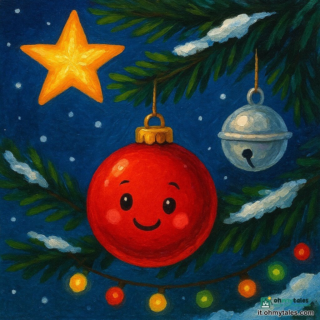 Una piccola palla di Natale rossa, brillante e sorridente, è sospesa a un ramo di abete verde scuro. Ha un'espressione gioiosa e curiosa, con riflessi scintillanti sulla sua superficie liscia. Accanto a lei, un piccolo campanello argentato, rotondo e luminoso, emette una dolce melodia, appeso allo stesso ramo. Sullo sfondo, una stella dorata, radiosa e accogliente, è posizionata su un altro ramo, illuminando dolcemente la scena. L'albero di Natale è coperto di neve bianca, con luci colorate che lampeggiano dolcemente. La scena principale mostra la palla di Natale rossa che si dondola leggermente nel vento, circondata dalle sue amiche decorazioni, sotto un cielo stellato e tranquillo.