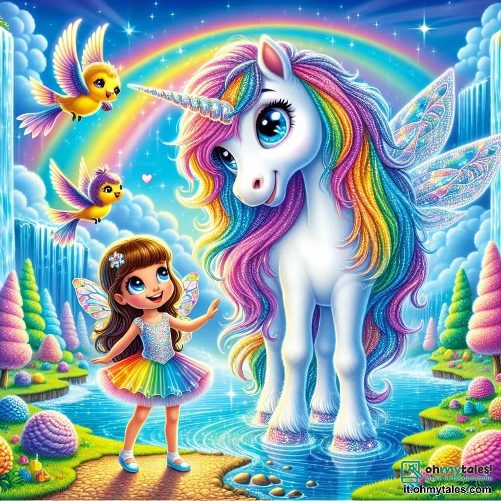 Una magnifica unicorno bianca, con una criniera scintillante arcobaleno, si erge orgogliosamente accanto a una cascata luccicante. I suoi grandi occhi brillanti esprimono curiosità e gioia. Accanto a lei, una bambina di 8 anni, di nome Lila, con capelli castani e ali di fata scintillanti, guarda l'unicorno con meraviglia. Indossa un vestito colorato e sembra pronta a volare. Un piccolo uccello dalle piume dorate, di nome Piumino, vola attorno a loro, cantando gioiosamente. Il luogo è un regno magico, con alberi di zucchero filato e nuvole soffici che fluttuano in un cielo blu intenso. La cascata, d'acqua cristallina, brilla sotto il sole, creando un arcobaleno sopra. La scena principale mostra Lila e l'unicorno che si preparano a scoprire la misteriosa fonte dei sogni, circondati da colori vivaci e magia, con un'atmosfera di gioia e avventura.