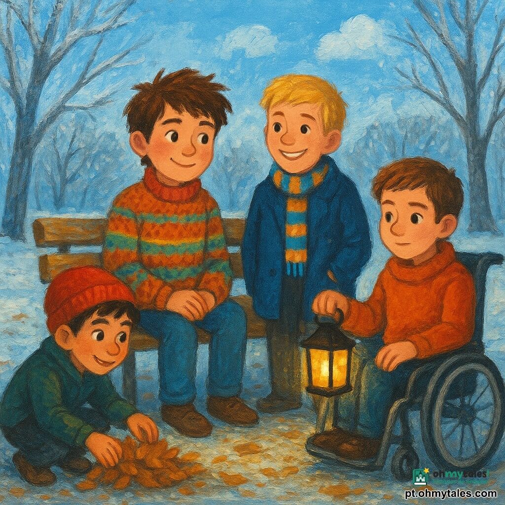 Há 4 crianças: - Um menino chamado Miguel, de 10 anos, com cabelos castanhos despenteados e bochechas avermelhadas pelo frio, vestindo um colete tricotado colorido, está sentado em um banco de parque. - Um menino chamado João, de 11 anos, com cabelos loiros curtos e um sorriso radiante, usando um cachecol listrado e um casaco azul, está em pé ao lado de Miguel. - Um menino chamado Tiago, de 10 anos, com cabelos pretos e olhos brilhantes, vestindo um gorro vermelho vivo, está agachado perto de um monte de folhas. - Um menino chamado Lucas, de 10 anos, com cabelos castanhos e um rosto concentrado, sentado em uma cadeira de rodas, segura uma lanterna que ilumina suavemente a cena. O local é um parque de inverno encantador, com árvores de troncos prateados e galhos nus, cobertos de geada cintilante. O chão está coberto de folhas secas e pequenas poças de água congeladas. O céu é de um azul pálido, pontilhado de nuvens brancas e fofas. A situação principal mostra as crianças reunidas em torno de um banco de madeira coberto de geada, compartilhando um momento caloroso. Uma luz suave emana da lanterna de Lucas, criando uma atmosfera acolhedora. As crianças trocam sorrisos e histórias, cercadas pela beleza tranquila do inverno.