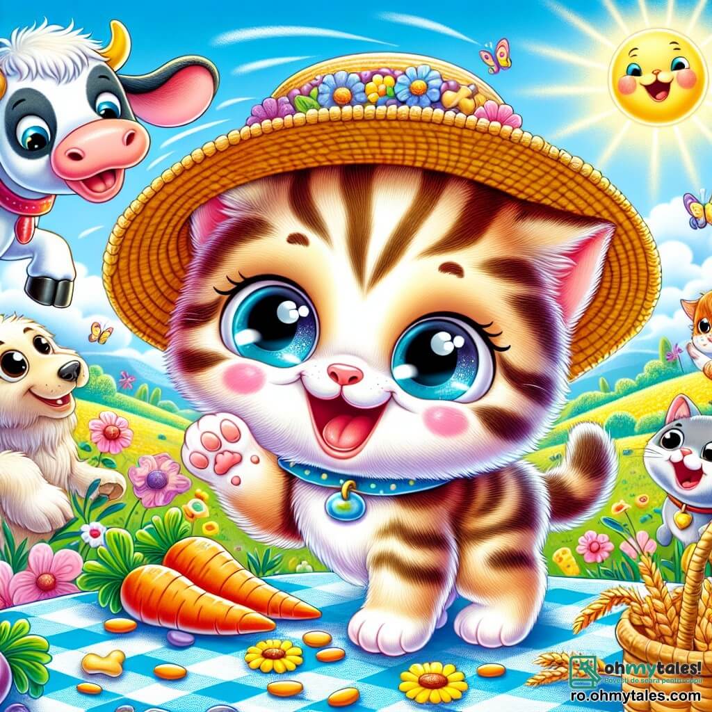 Un mic pisoiaș pe nume Miau, cu blană moale și dungi de culoare crem și brun, poartă o pălărie mare și colorată pe cap. Are ochi strălucitori de curiozitate și un zâmbet larg pe față, dansând vesel alături de prietenii săi. Lângă el, un câine jucăuș, Cățelușul, cu blană aurie și urechi căzute, râde sărind în jurul lui Miau, în timp ce o vacă pe nume Violeta, cu blană albă și neagră și ochi mari și blânzi, stă în fundal, păscând iarbă și privindu-i cu un zâmbet amuzat. Scena se desfășoară într-o fermă însorită, înconjurată de câmpuri verzi, cu flori colorate care dansează în vânt și un cer albastru strălucitor. În centrul atenției, Miau și prietenii săi sărbătoresc o petrecere veselă, dansând și râzând împreună, în timp ce o masă mare este plină cu morcovi și cereale, creând o atmosferă festivă și călduroasă.