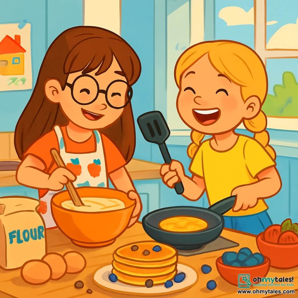 There are two main characters: - Lily: an 8-year-old girl with long brown hair and round glasses, wearing a strawberry-patterned apron. She is standing on the left, mixing pancake batter in a large bowl. - Mia: an 8-year-old girl with braided blonde hair and sparkling eyes, dressed in a yellow t-shirt and denim shorts. She is on the right, laughing while holding a spatula, ready to flip a pancake in the pan. The scene takes place in a bright and welcoming kitchen with pastel blue walls. A large window lets in sunlight, illuminating a wooden counter where colorful ingredients are laid out: a bag of flour, eggs, fresh fruits, and ceramic bowls. Children's drawings decorate the walls, adding a cheerful touch to the atmosphere. The main situation shows Lily and Mia preparing a surprise breakfast for Father's Day. Fluffy golden pancakes are stacked on a plate, with chocolate chips and blueberries scattered around them. The two girls are laughing, creating a joyful and playful atmosphere.