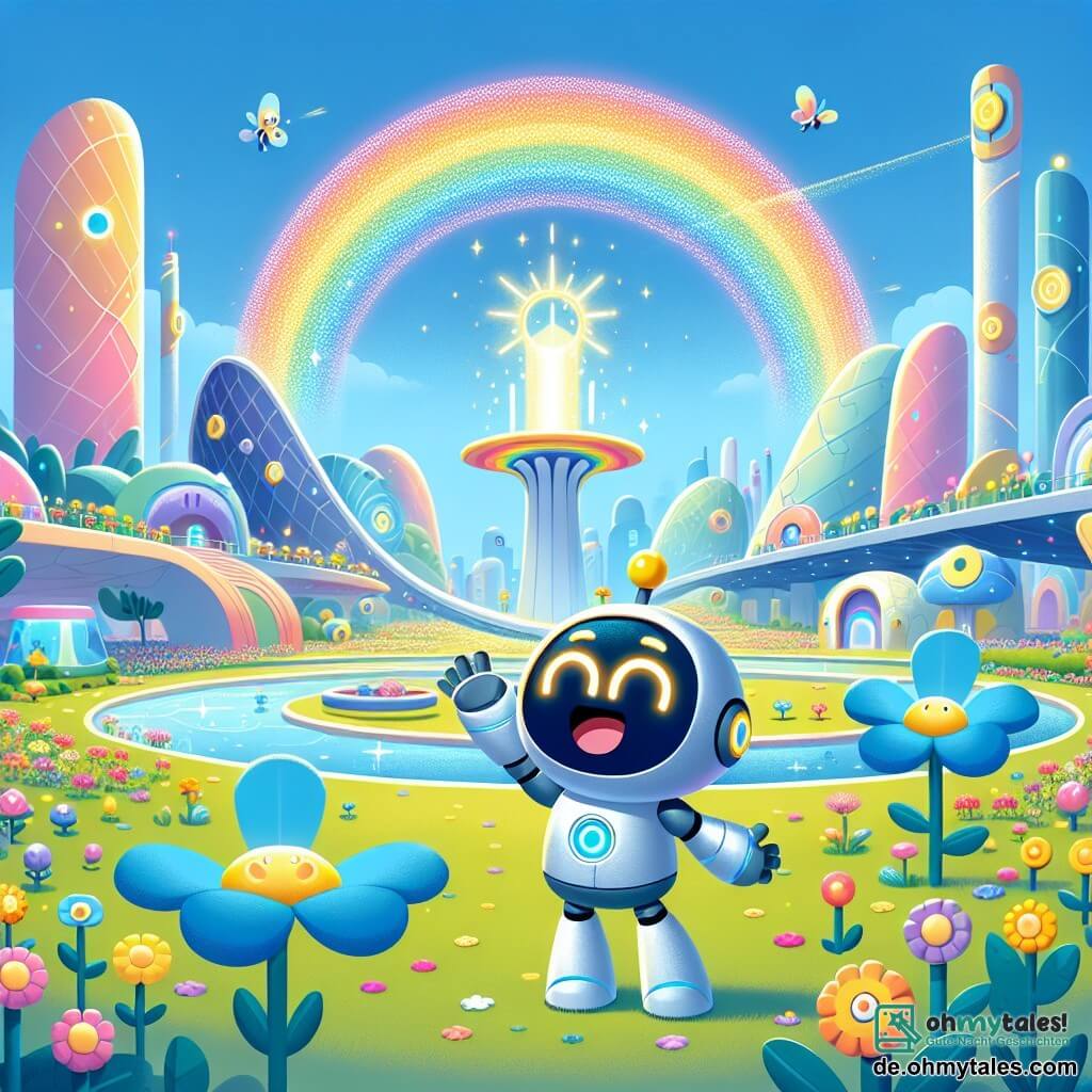 In einem futuristischen Park der Stadt Glitzerburg drückt ein kleiner Roboter namens Rudi mit seinem runden Körper und den leuchtenden Augen große Freude aus, als er einen wunderschönen Regenbogen entdeckt, der über ihm strahlt. Mit einem strahlenden Lächeln und erhobenen Armen feiert er seinen Triumph. In der Nähe bewundert eine schöne blaue Blume mit glitzernden Blütenblättern Rudi, ihre Augen funkeln vor Dankbarkeit, während sie sanft im Wind tanzt. Der Park ist gefüllt mit bunten, lebhaften Blumen und umgeben von futuristischen Gebäuden mit organischen Formen und funkelnden Lichtern, unter einem strahlend blauen Himmel. Die Hauptsituation zeigt Rudi, der die Wiedererscheinung des magischen Regenbogens feiert, umgeben von glücklichen Blumen, nachdem er die notwendigen Farben gesammelt hat, um ihn erneut zum Leuchten zu bringen.