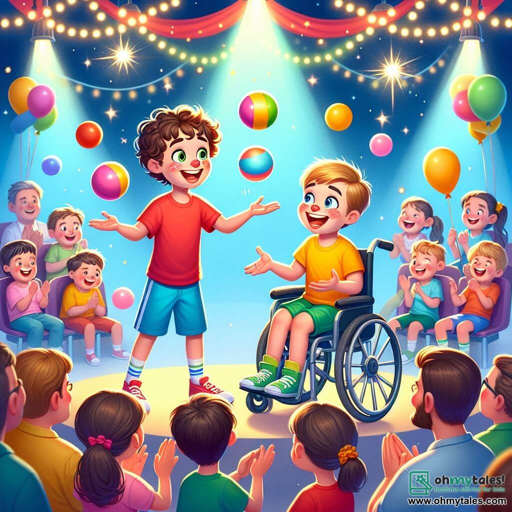 There are two main characters: Max, a 10-year-old boy with curly brown hair, wearing a red t-shirt and blue shorts, joyfully juggling colorful balls. Next to him is Leo, a 10-year-old boy with a big smile, sitting in his wheelchair, dressed in a yellow t-shirt and green pants, enthusiastically telling a story with hand gestures. The scene takes place on a school stage, decorated with colorful garlands and floating balloons, with parents and classmates sitting in the audience, applauding and laughing. The lights twinkle above them, creating a festive and warm atmosphere. The main situation shows Max juggling while encouraging Leo, who, with a big smile, tells a funny story about a squirrel named Nutty, captivating all the spectators with his energy and creativity.