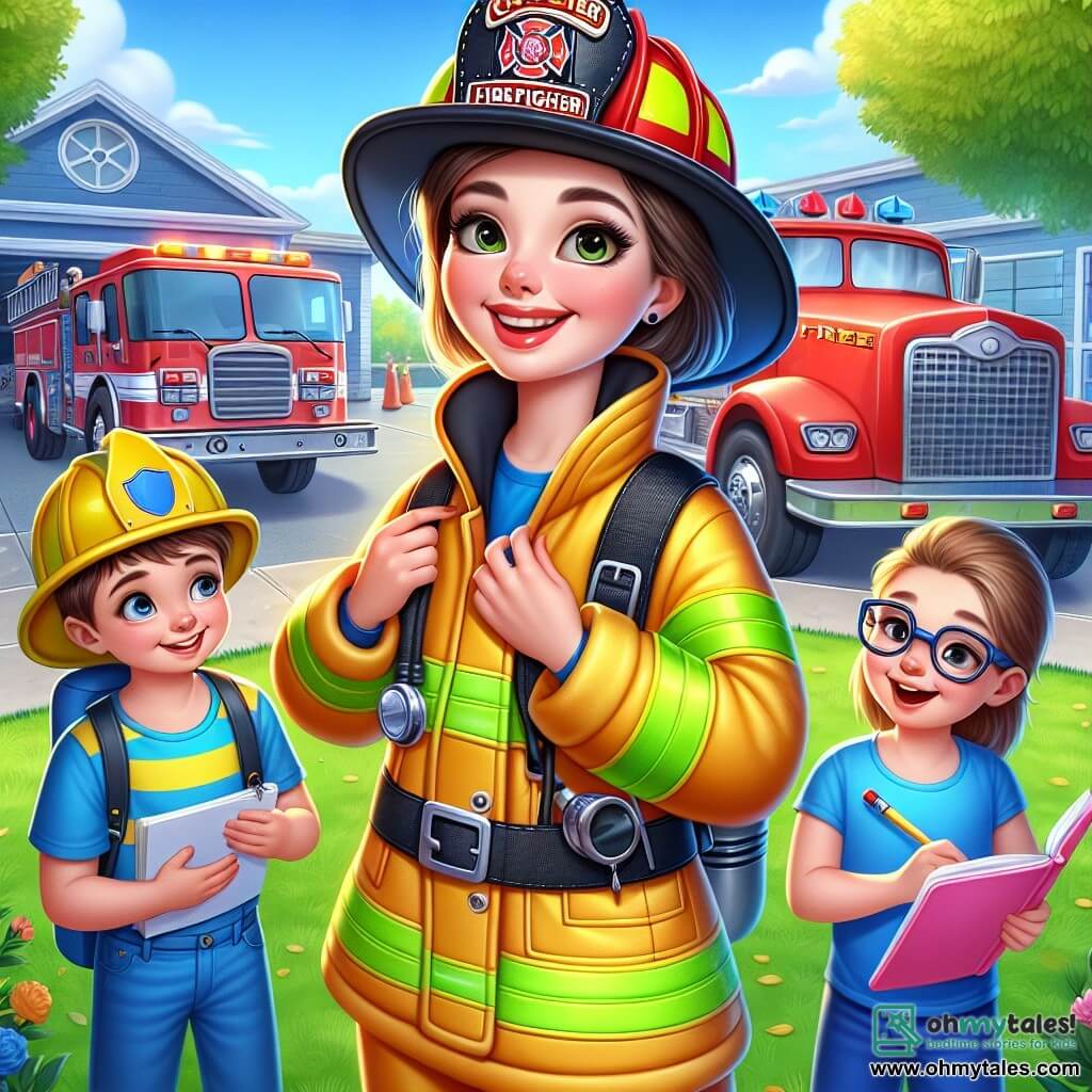 In the center of the image, firefighter Captain Mia Turner stands proudly next to a large bright red fire truck. She wears a shiny yellow suit, a black helmet, and a warm smile, showing her determination and joy. Her eyes sparkle with excitement as she explains something to the children. To her right, an 8-year-old boy, Sam, wears a plastic helmet and a blue t-shirt. He laughs while trying to put on a large firefighter jacket, his eyes wide with fascination. Next to him, a 6-year-old girl, Lily, writes notes in a small pink notebook, her glasses slipping down her nose, with a focused expression. The setting is the garden of a fire station, with green trees in the background and a clear blue sky. The fire truck shines in the sun, and colorful fire safety posters are hung on the station walls. The scene shows Captain Mia demonstrating to the children how to use a fire hose, with water spraying in a sparkling arc. The children laugh and marvel, filled with enthusiasm and curiosity.