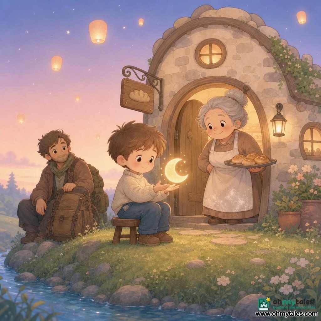 A 6-year-old boy, Milo, watches a moon-shaped lantern floating above his hands with a gentle, focused expression while sitting on a small wooden stool; a smiling, round baker in her 50s, Mrs. Humming, in a flour-dusted apron holds a tray of steaming rolls to his right and watches tenderly from the bakery doorway; a traveler in his 30s sits slightly back with a rumpled coat and backpack, hand on his bag, calm and curious; the scene is a small stone bakery on a rounded hill with rounded windows and a wooden sign, a blue stream below, green grass with pale flowers, and a pastel twilight sky dotted with floating lanterns, creating a warm, softly lit, centered composition with calm, benevolent expressions.