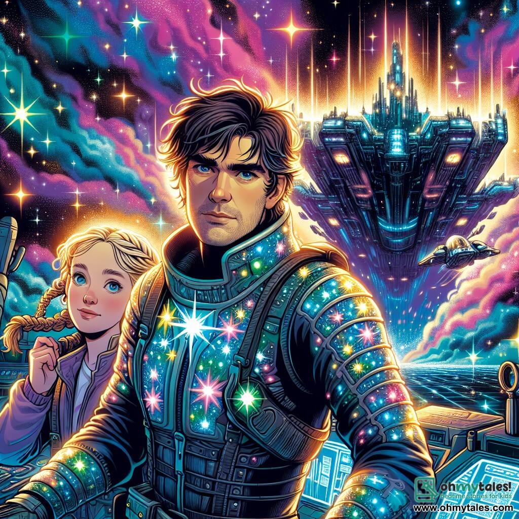 A man, Zarek Starling, stands at the center of the scene, with messy brown hair and determined sparkling eyes. He wears a shiny spacesuit adorned with star patterns, and his face shows intense concentration and a glimmer of hope. Beside him, a young girl, Lyra, around 14 years old with braided blonde hair and an encouraging smile, adjusts the controls of their spaceship, the Astral Gale, which shines under the starlight. The backdrop is a vast colorful nebula, with luminous gas clouds in shades of blue, purple, and pink, creating a magical and mysterious atmosphere. Sparkling star bursts shine through the cosmic fog, while a massive battleship, the Ark of Aether, looms in the background, with gleaming weapons and magical runes engraved on its surface. The main situation shows Zarek and Lyra in battle, surrounded by threatening technomancer ships, as they try to protect the Crucible of Stars, a floating luminous sphere symbolizing the unity of technology and magic. The vibrant energy of the scene evokes a sense of adventure and courage in the face of the unknown.