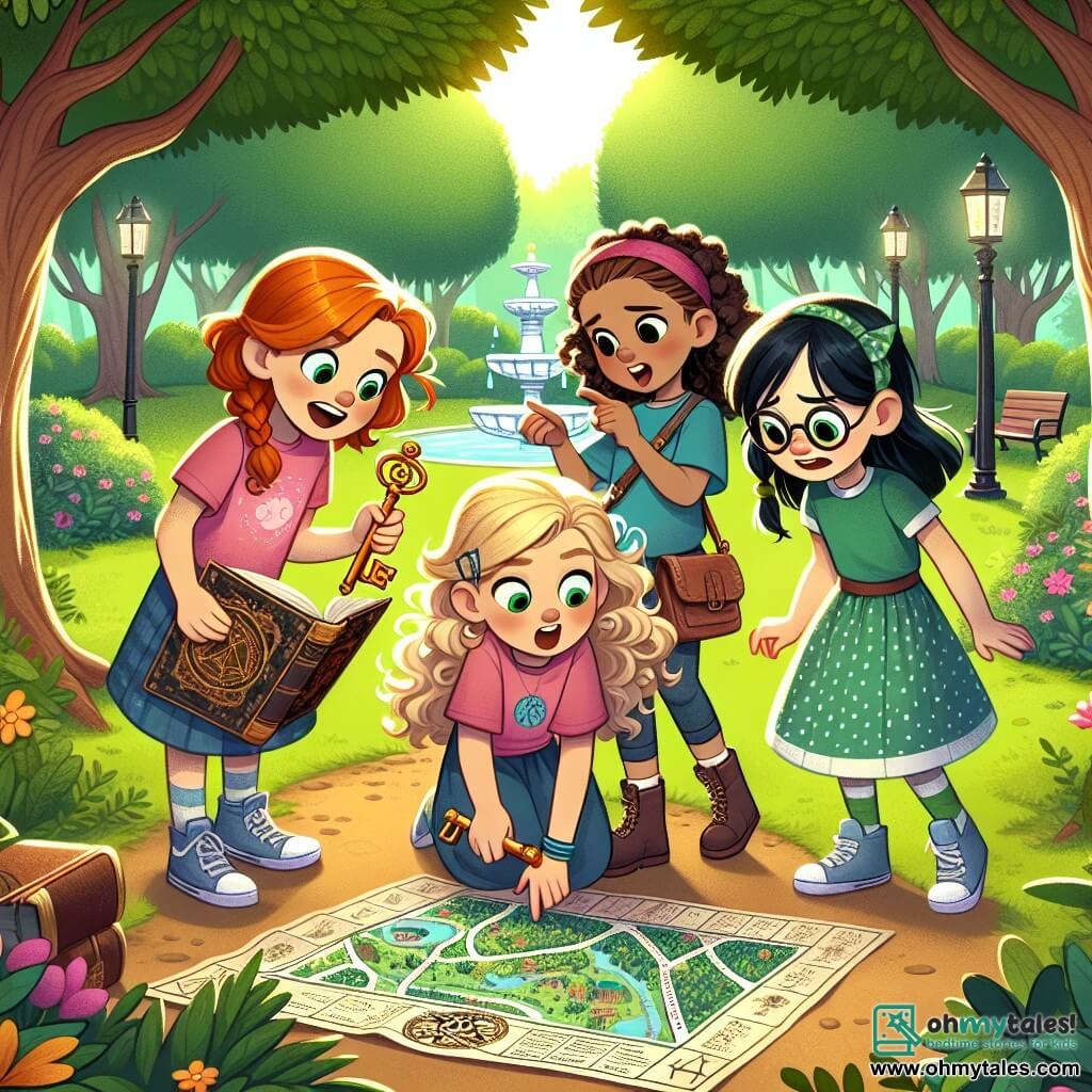Four girls, around 10 years old, stand in the center of a sunny park. Emma, with curly brown hair and a pink t-shirt, excitedly looks at an old map she holds. To her right, Mia, with braided blonde hair and a blue polka dot dress, points at a mysterious symbol on the map. On the left, Sophie, with black hair and round glasses, struggles with a heavy book of rituals, while Lily, with red hair and a green t-shirt, examines a shiny key in her hand. The park is lush with greenery, featuring large trees, a winding path lined with colorful flowers, and a majestic oak where the girls have gathered. They are investigating a hidden treasure, their faces lit with excitement and curiosity as they study the map and discuss their next move.