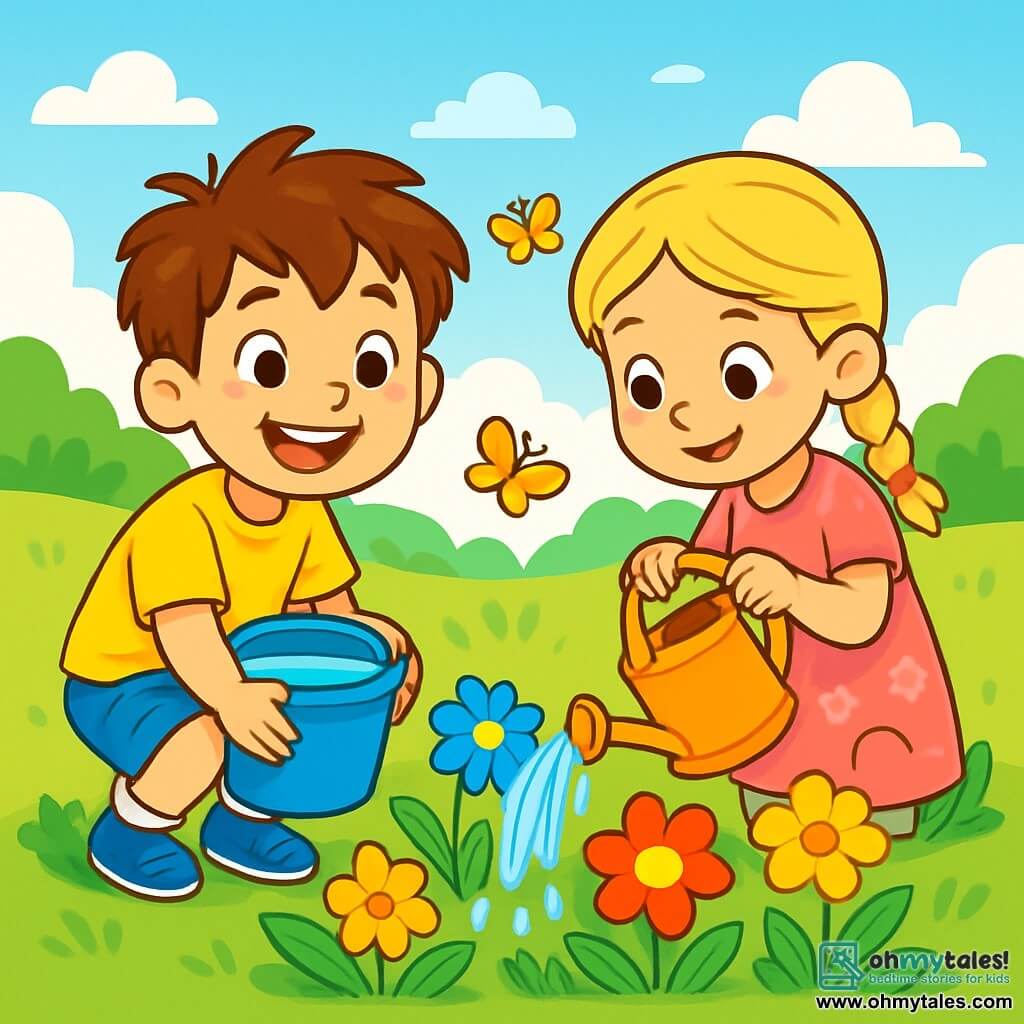 A 6-year-old boy, Leo, with messy brown hair and a big joyful smile, is crouched in a sunny garden holding a blue bucket filled with water. He wears a bright yellow t-shirt and denim shorts, and his eyes shine with excitement. Next to him is his best friend Mia, a 6-year-old girl with braided blonde hair and a pink floral dress, helping him water colorful flowers that are starting to perk up. The garden is filled with vibrant flowers of all colors, with butterflies flying around, and a clear blue sky dotted with a few white clouds. Focused and happy, Leo and Mia are pouring water on the flowers, showing their determination to save them and care for nature.