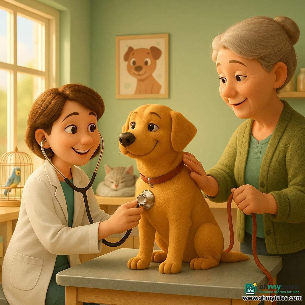 A smiling, kind veterinarian with short brown hair and a clean white coat kneels and gently listens to a medium-sized golden dog named Daisy with a stethoscope while the dog sits on the exam table wagging her tail; Mrs. Green, a 40–45-year-old woman with light gray hair in a bun, stands to the vet's right holding the leash and ready to pet the dog; a small gray tabby kitten sleeps wrapped in a soft blanket on a shelf behind the table; a blue-and-yellow bird sits calmly on a perch in a small cage on the counter. The bright veterinary clinic has pastel green walls, large morning-lit windows, light wood furniture, a drawn-animal poster, and neatly arranged jars and supplies. The scene conveys gentle examination, warmth, safety, soft light, warm colors, and welcoming textures.