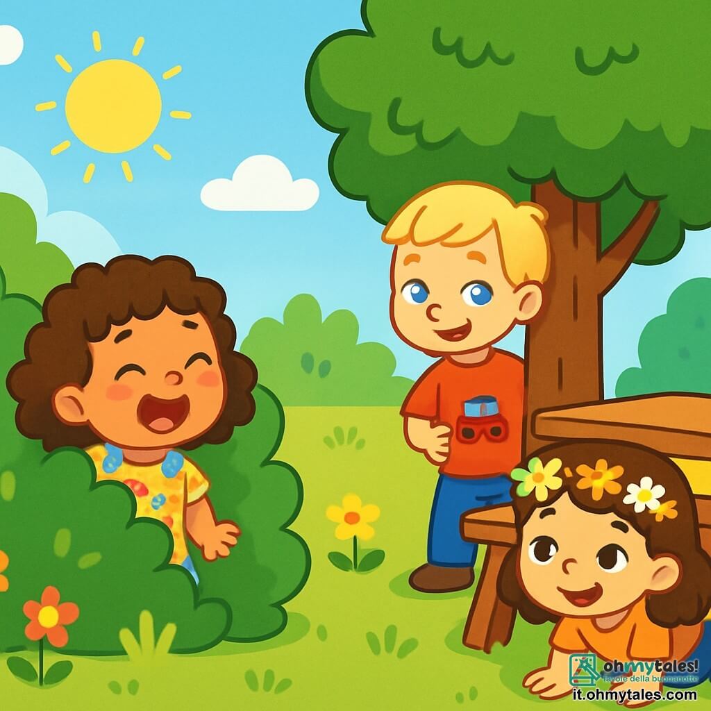 Una bambina di 2 anni, Mia, con grandi occhi scintillanti e capelli ricci, sta ridendo di gusto, nascosta dietro un cespuglio verde brillante in un giardino soleggiato. Indossa un vestito colorato a fiori e le sue guance sono rosa di gioia. Nelle vicinanze, Leo, un bambino di 3 anni con capelli biondi e occhi blu, si nasconde dietro un grande albero. Ha un sorriso malizioso e indossa una maglietta rossa con un'auto disegnata sopra. Sara, una bambina di 2 anni con capelli castani e una corona di fiori in testa, è accovacciata sotto un tavolo da picnic di legno, con gli occhi brillanti di eccitazione. Il giardino è pieno di fiori colorati, alberi verdi e un cielo blu splendente, creando un'atmosfera gioiosa e ludica. La scena principale mostra Mia, Leo e Sara che giocano a nascondino, ciascuno nascosto in un luogo diverso, con espressioni di felicità e attesa sui loro volti.