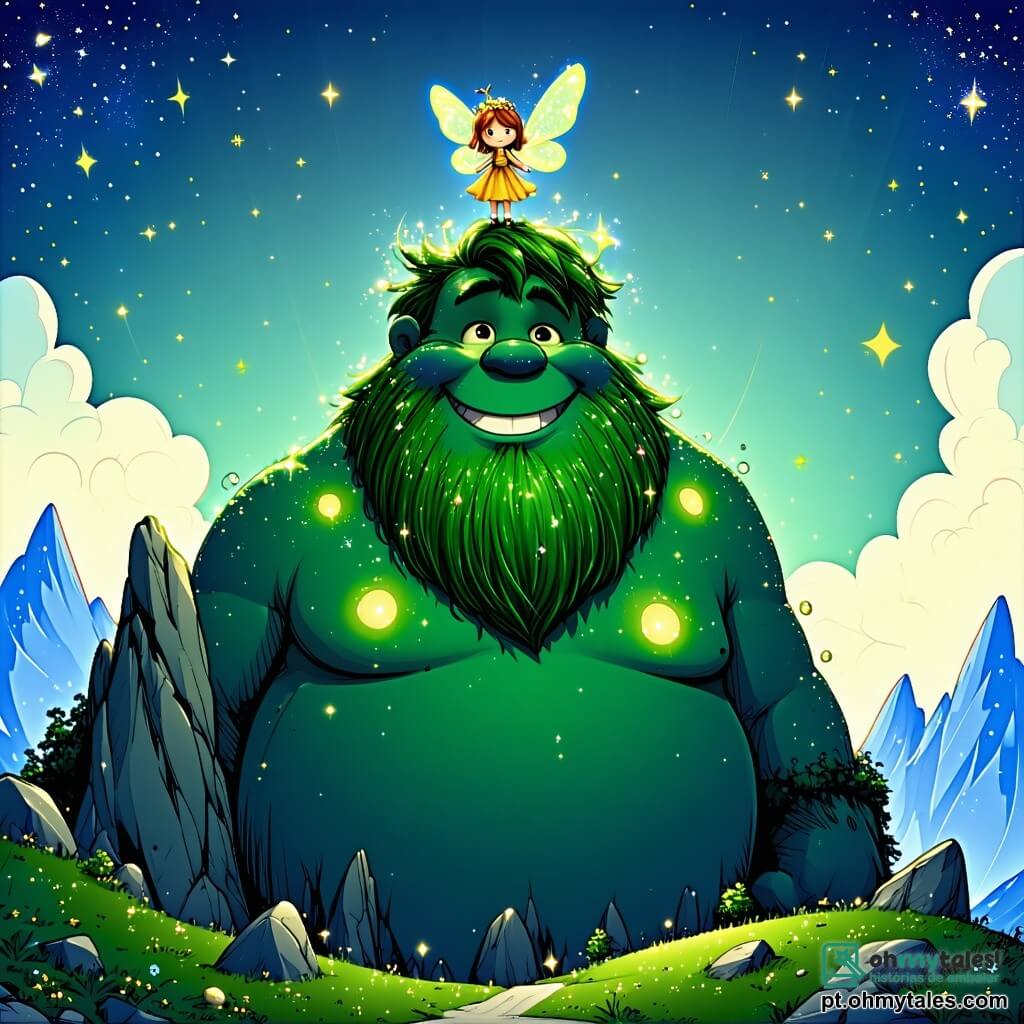 Um gigante chamado Gigi, com uma grande silhueta suave e olhos brilhantes de curiosidade, está no topo de uma montanha brilhante. Ele tem pele verde suave, cabelos bagunçados como nuvens e um grande sorriso no rosto, expressando maravilha e alegria. Ao seu lado, uma pequena fada chamada Lili, com asas cintilantes e cabelos dourados, voa ao seu redor. Ela tem um rosto alegre e usa um vestido feito de pétalas de flores. Lili aponta para a magnífica Estrella de Luz, que brilha intensamente no topo da montanha. O cenário é uma paisagem mágica, com nuvens fofas abaixo, árvores coloridas dançando ao vento e um céu azul vibrante salpicado de estrelas cintilantes. A situação principal mostra Gigi, o gigante, maravilhado com a beleza da Estrella de Luz, enquanto Lili o encoraja a tocá-la para quebrar o encantamento.