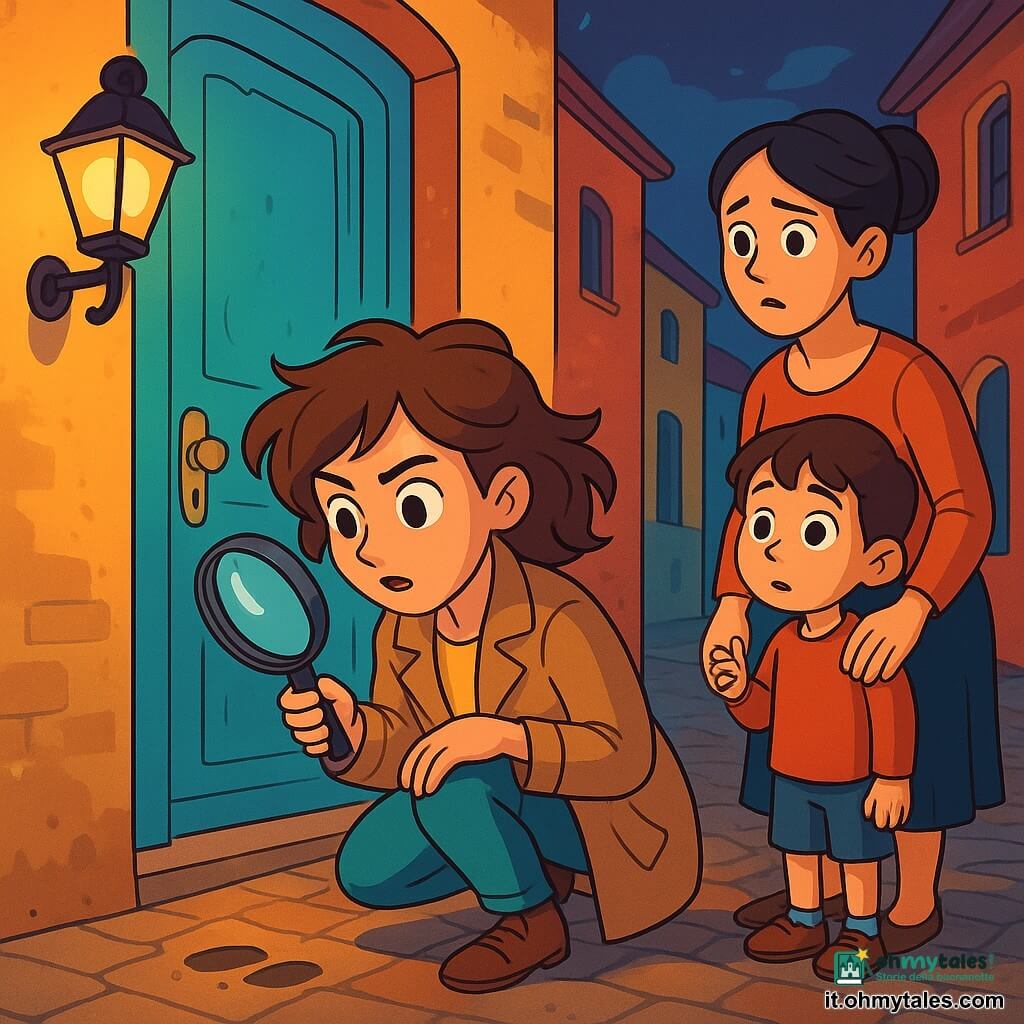 Clara, una giovane detective, ha i capelli castani in disordine e tiene una lente d'ingrandimento in una mano. Il suo viso esprime curiosità e determinazione, con occhi brillanti d'intelligenza. È accovacciata davanti a una vecchia porta colorata di turchese, esaminando una piccola impronta di fango sul pavimento. Accanto a lei c'è Samira, una madre di circa 30 anni, con i capelli neri raccolti in uno chignon e uno sguardo preoccupato. Tiene la mano di suo figlio, un bambino di 6 anni, che guarda la porta con occhi grandi, affascinato e un po' spaventato. Il luogo è una strada lastricata di una piccola città, con case antiche dalle facciate colorate e lanterne che illuminano dolcemente la scena. Ombre danzano sui muri, creando un'atmosfera misteriosa. La situazione principale mostra Clara mentre indaga su un rumore strano proveniente dalla casa, mentre Samira e suo figlio la osservano, intrigati e preoccupati. Clara si concentra sul pavimento, pronta a scoprire il segreto nascosto dietro la porta.