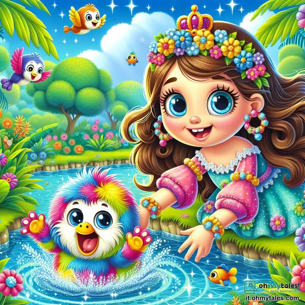 La principessa Isabella, una ragazza di circa 10 anni, ha lunghi capelli castani ondulati e occhi azzurri pieni di curiosità. Indossa un abito colorato decorato con fiori e sorride gioiosamente, con le braccia aperte, pronta ad affrontare una nuova avventura. Accanto a lei c'è Bobo, un Giggolo birichino, con un pelo soffice e colorato, che sembra ridere a crepapelle, con le braccia alzate, come se avesse appena fatto uno scherzo. La scena si svolge accanto a un laghetto scintillante, circondato da palme verdi e fiori melodiosi, sotto un cielo blu splendente. Pesci colorati nuotano nell'acqua cristallina, mentre uccelli dalle piume arcobaleno volano gioiosamente intorno a loro. Isabella e Bobo stanno tirando insieme una enorme banana bloccata sotto un cespuglio, ridendo mentre cercano di estrarla, creando un'atmosfera di gioia e amicizia in questo regno incantato.
