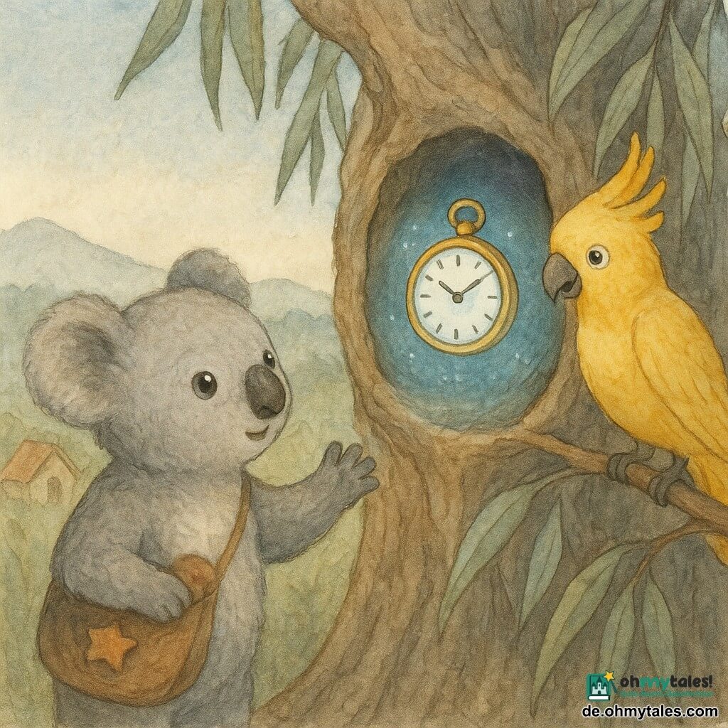 Kiki Koala, ein kleiner grauer Koala mit glänzenden runden Augen, ist neugierig und hält eine braune Stofftasche mit einem Kiesel mit sternförmigem Fleck, während er die Hand in eine Baumhöhle ausstreckt; darin schwebt eine kleine polierte Messinguhr, lebendig wirkend und blassblau leuchtend über einem Lichtring, nebenan sitzt ein gelber Kakadu auf einem Ast und beobachtet, alles vor einem großen Eukalyptus mit silbrigem Laub, entfernten Holzdächern und nebligen Hügeln unter sanftem Morgenhimmel — in der Höhle öffnet die Uhr ein kreisrundes blaues Zeitportal, das feine Funken sprüht, in Pastellfarben mit weichen Kontrasten und aquarellartigen Pinselstrichen dargestellt.