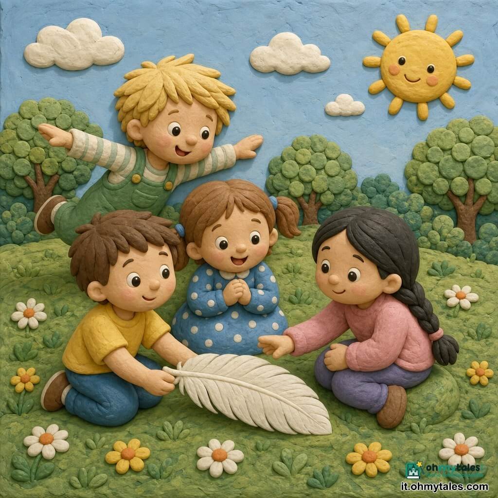Quattro bambini: Leo, circa 6 anni, bambino dai capelli castani corti e occhi vivaci, maglietta gialla, tiene una grande piuma bianca nella mano sinistra, posto a sinistra del gruppo; Mia, circa 5 anni, bambina con capelli castano chiaro in codini, vestito blu a pois bianchi, mani giunte, sorride e sta a destra di Leo, leggermente in avanti; Tommi, circa 6 anni, bambino con capelli biondi arruffati e salopette verde, salta sulle punte come una piccola gabbiana, dietro Leo e Mia leggermente a sinistra; Sara, circa 5 anni, bambina con capelli neri lunghi treccia, maglione rosa, seduta su un piccolo cuscino d'erba e porge la mano verso la piuma a destra del gruppo. Ambiente: grande prato morbido come una coperta con erba modellata e piccole margherite bianche e gialle, sullo sfondo un boschetto di alberi con foglie a dischetti verdi e cielo azzurro pallido con un sole tondo sorridente in alto a destra, ombre morbide sotto i bambini e tracce tattili. Situazione: i quattro si raccolgono attorno a una grande piuma bianca al centro toccandola delicatamente, atmosfera calma e calorosa, gesti semplici, composizione centrata, colori pastello e texture visibili di pasta modellabile.