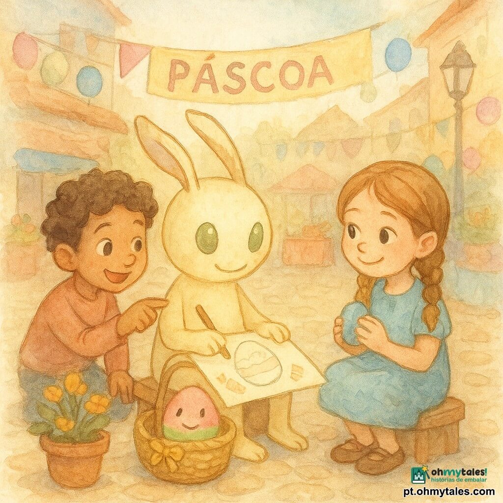 Lumo, pequena criatura fantástica parecida com uma lanterna, pele creme luminosa, olhos oliva brilhantes e grandes orelhas móveis, está sereno e orgulhoso, sentado num degrau com um cesto de vime e desenhando num bloco no colo; Rita, menina de tranças castanhas claras, sorri admirada segurando um pequeno ovo azul; Tomás, menino de cabelos encaracolados, aponta entusiasmado para um canto do desenho sugerindo uma ideia; no cesto há um ovo falante pintado rosa e verde com rosto sorridente e brilho sutil; cenário: praça de vila após caça aos ovos com bancas, toalhas coloridas, guirlandas e flores, atmosfera calorosa e luminosa, Lumo termina um grande ovo no desenho rodeado de orelhas e pequenas pegadas em forma de cenoura, estilo aguarela suave em cores pastéis e traços delicados.